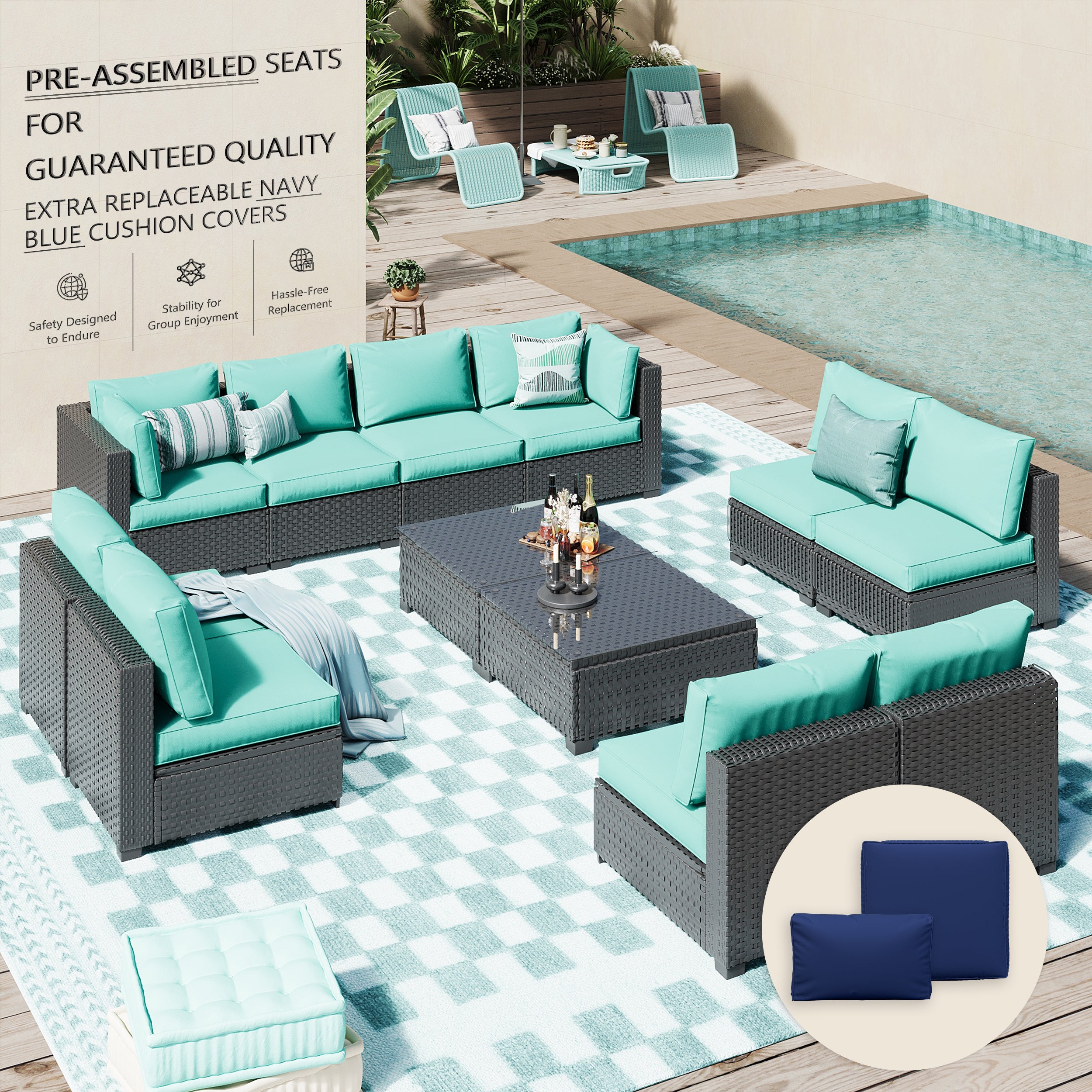 Ark Design 12-Piece Rattan Wicker Outdoor Patio Conversation SofaSeating Set with Coffee Table, Green Cushions with Sofa Protection Cover Option