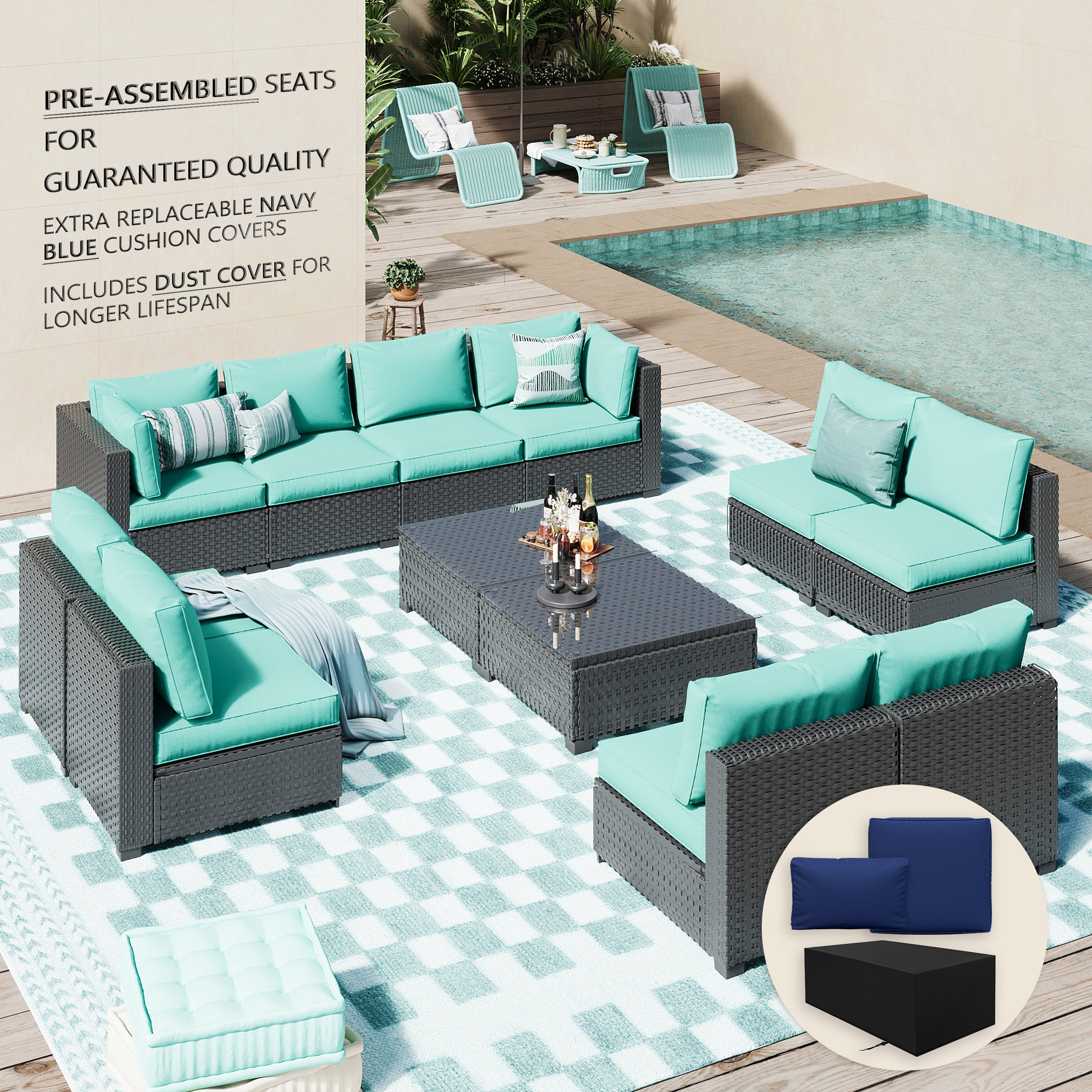 Ark Design 12-Piece Rattan Wicker Outdoor Patio Conversation SofaSeating Set with Coffee Table, Green Cushions with Sofa Protection Cover Option