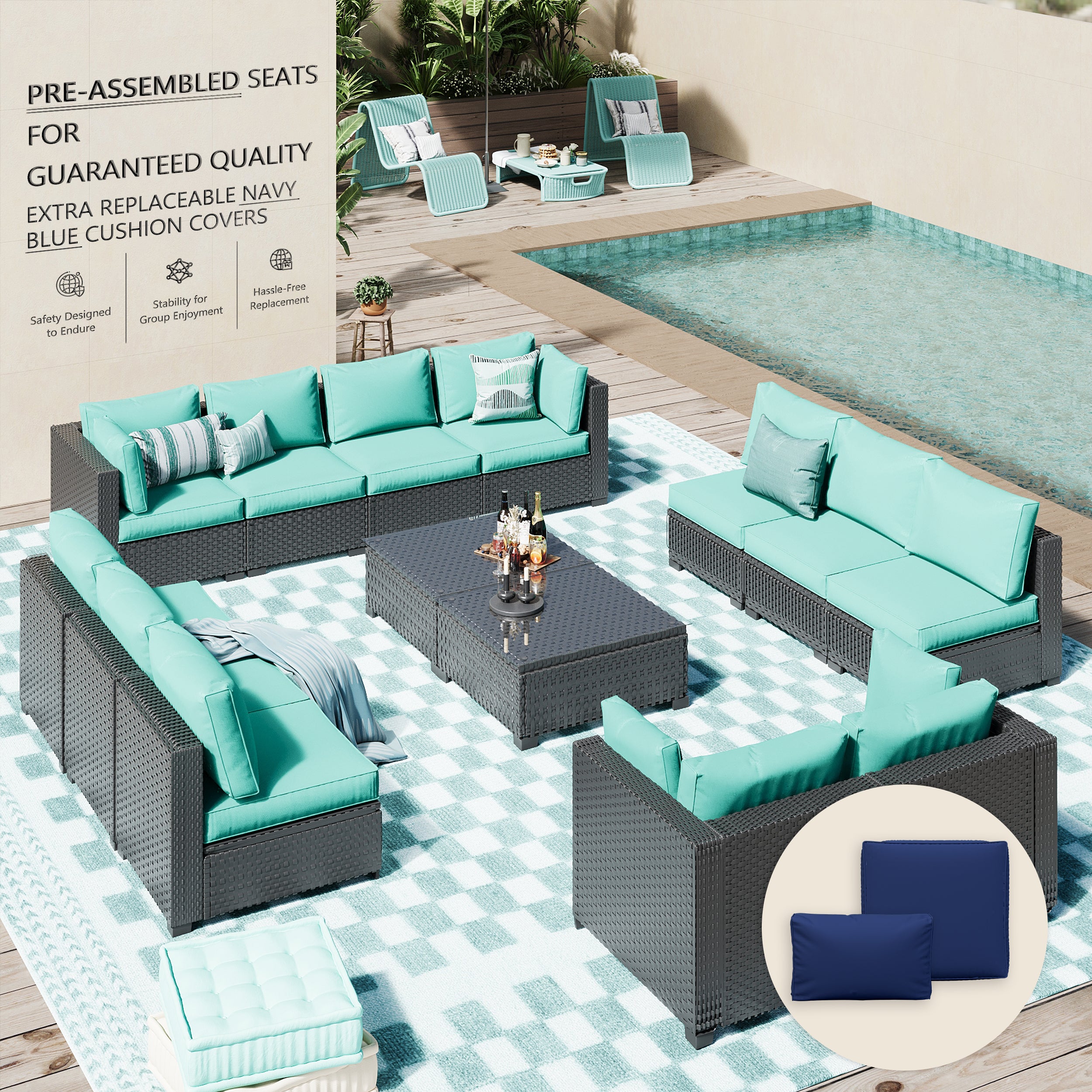 Ark Design 14-Piece Rattan Wicker Outdoor Patio Conversation SofaSeating Set with Coffee Table, Green Cushions with Sofa Protection Cover Option