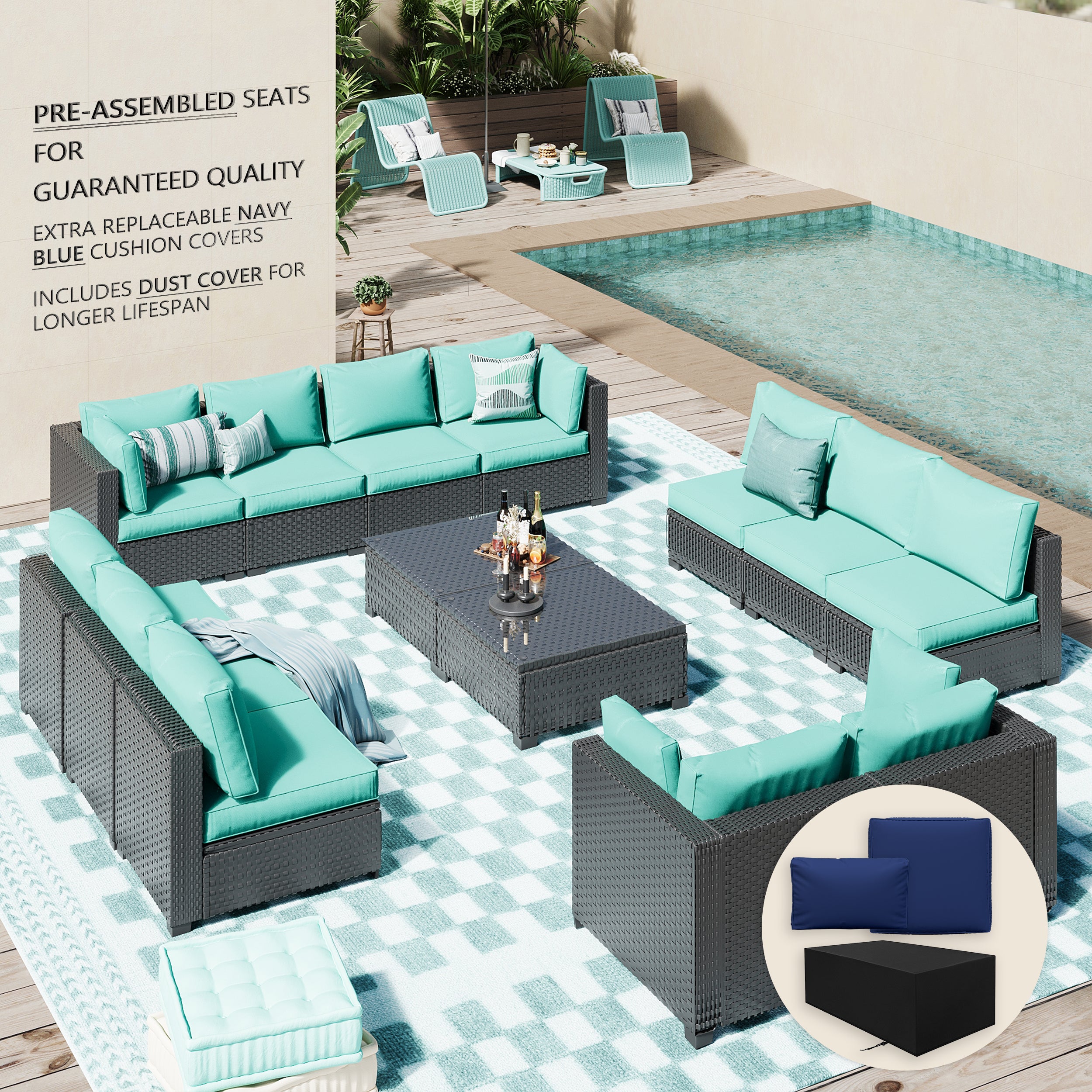 Ark Design 14-Piece Rattan Wicker Outdoor Patio Conversation SofaSeating Set with Coffee Table, Green Cushions with Sofa Protection Cover Option