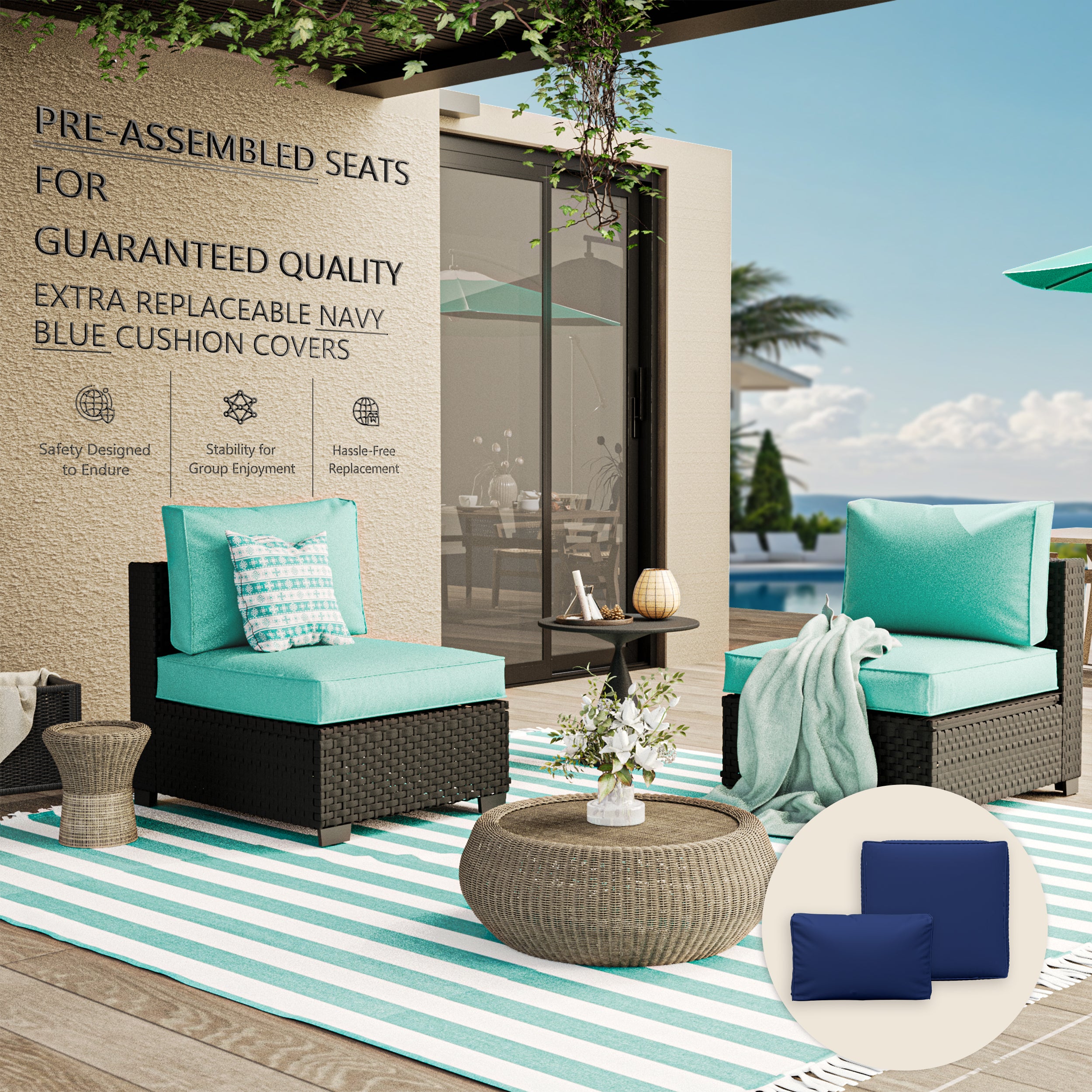 Ark Design 2-Piece Rattan Wicker Outdoor Patio Conversation SofaSeating Set, Green Cushions with Sofa Protection Cover Option