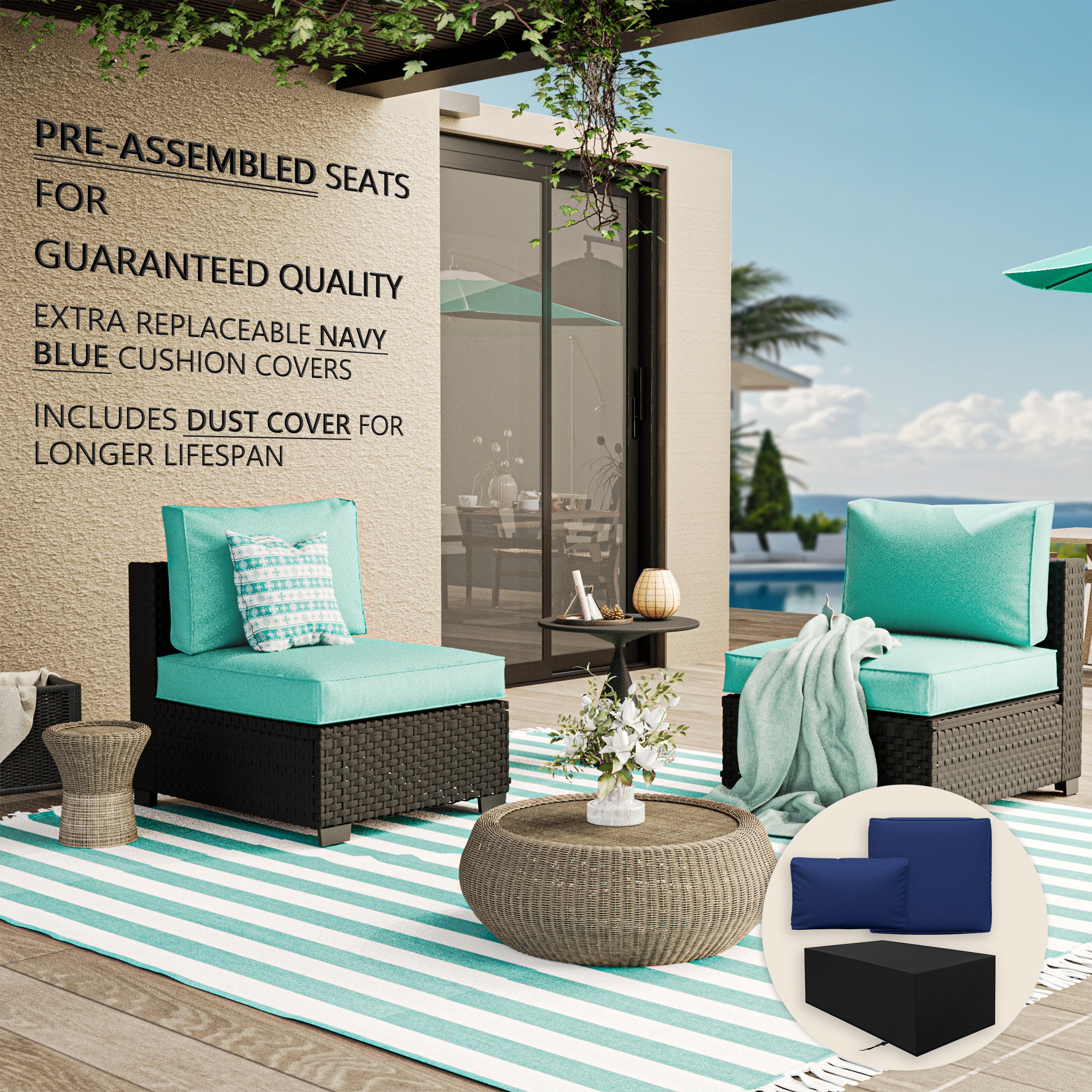 Ark Design 2-Piece Rattan Wicker Outdoor Patio Conversation SofaSeating Set, Green Cushions with Sofa Protection Cover Option