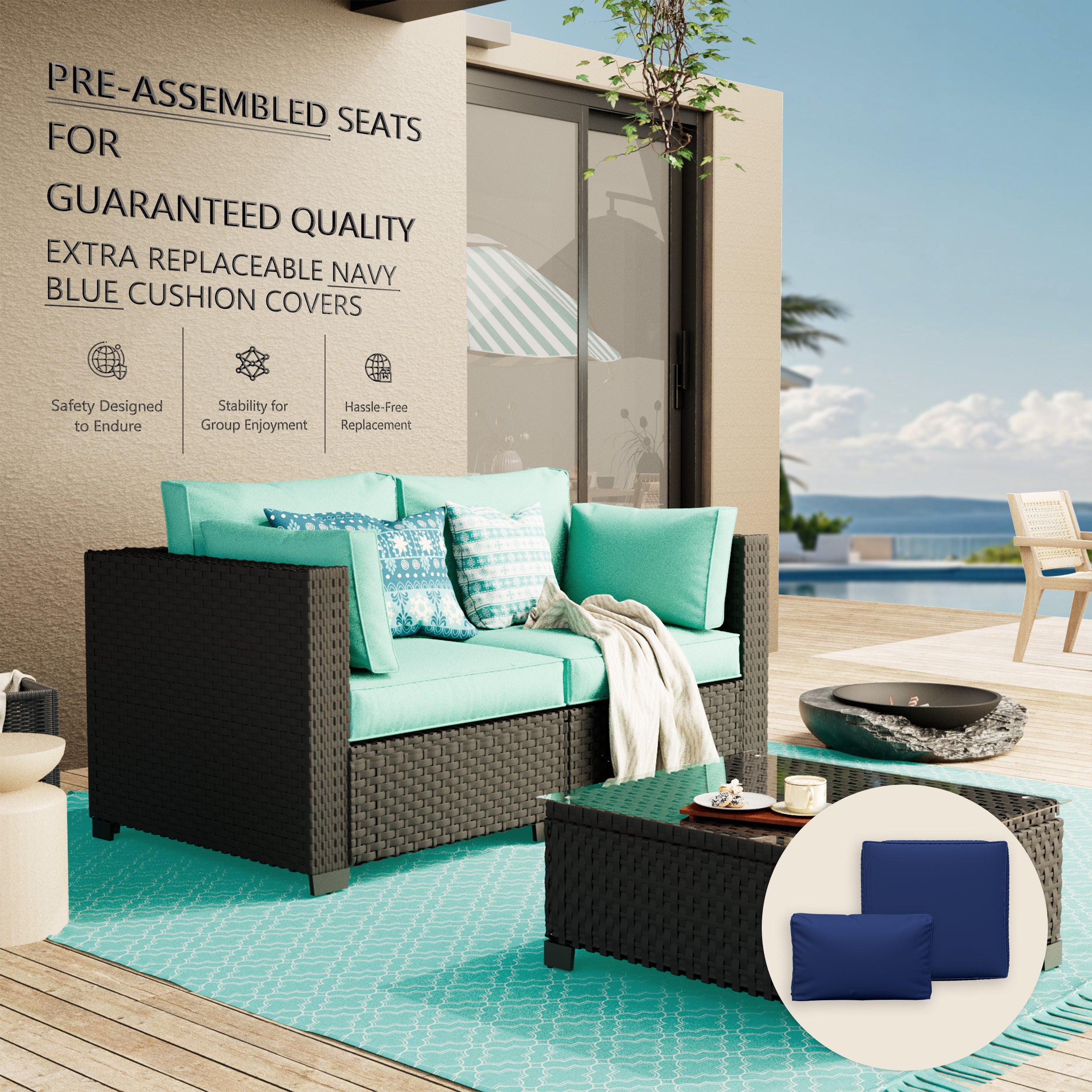 Ark Design 3-Piece Rattan Wicker Outdoor Patio Conversation SofaSeating Set with Coffee Table, Green Cushions with Sofa Protection Cover Option