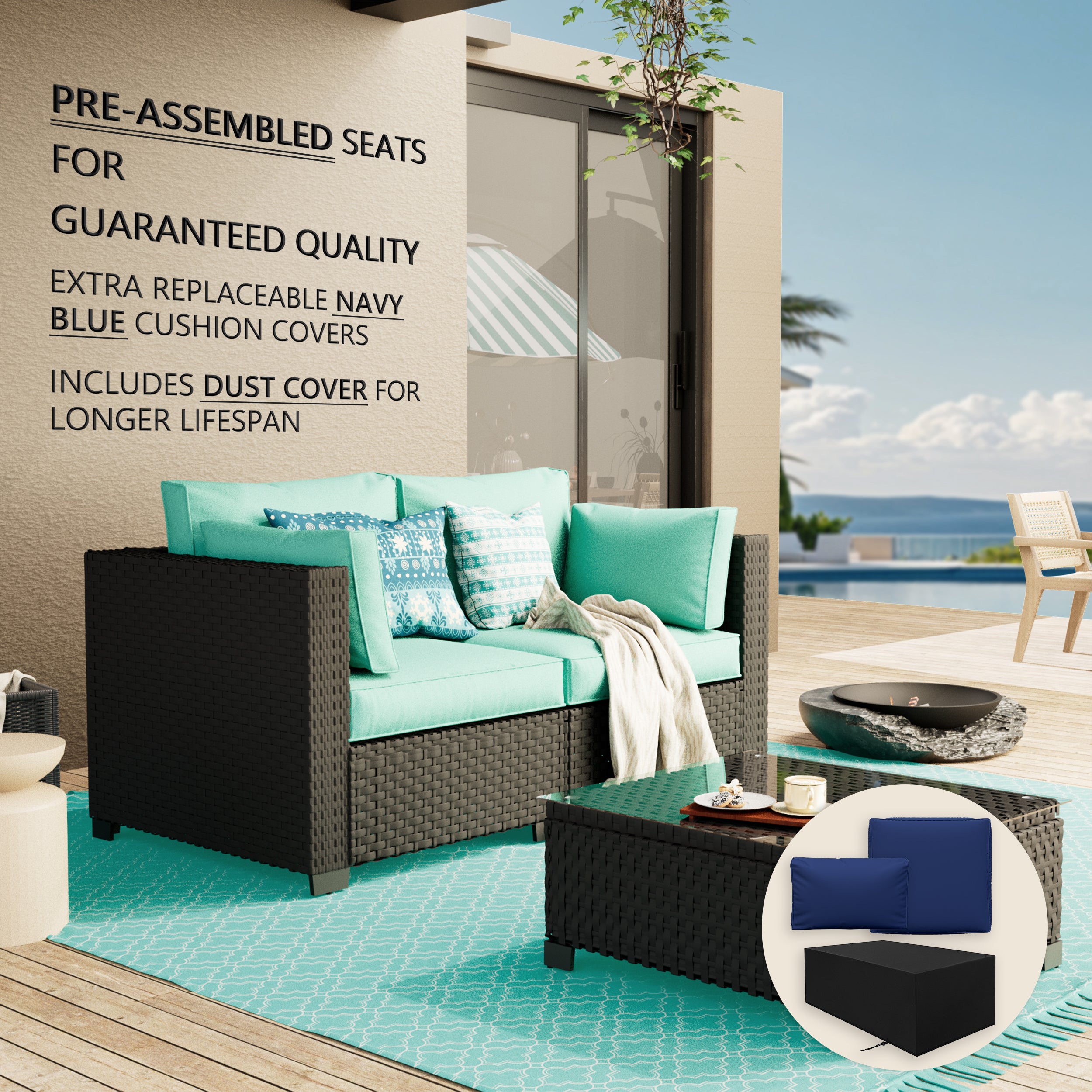 Ark Design 3-Piece Rattan Wicker Outdoor Patio Conversation SofaSeating Set with Coffee Table, Green Cushions with Sofa Protection Cover Option