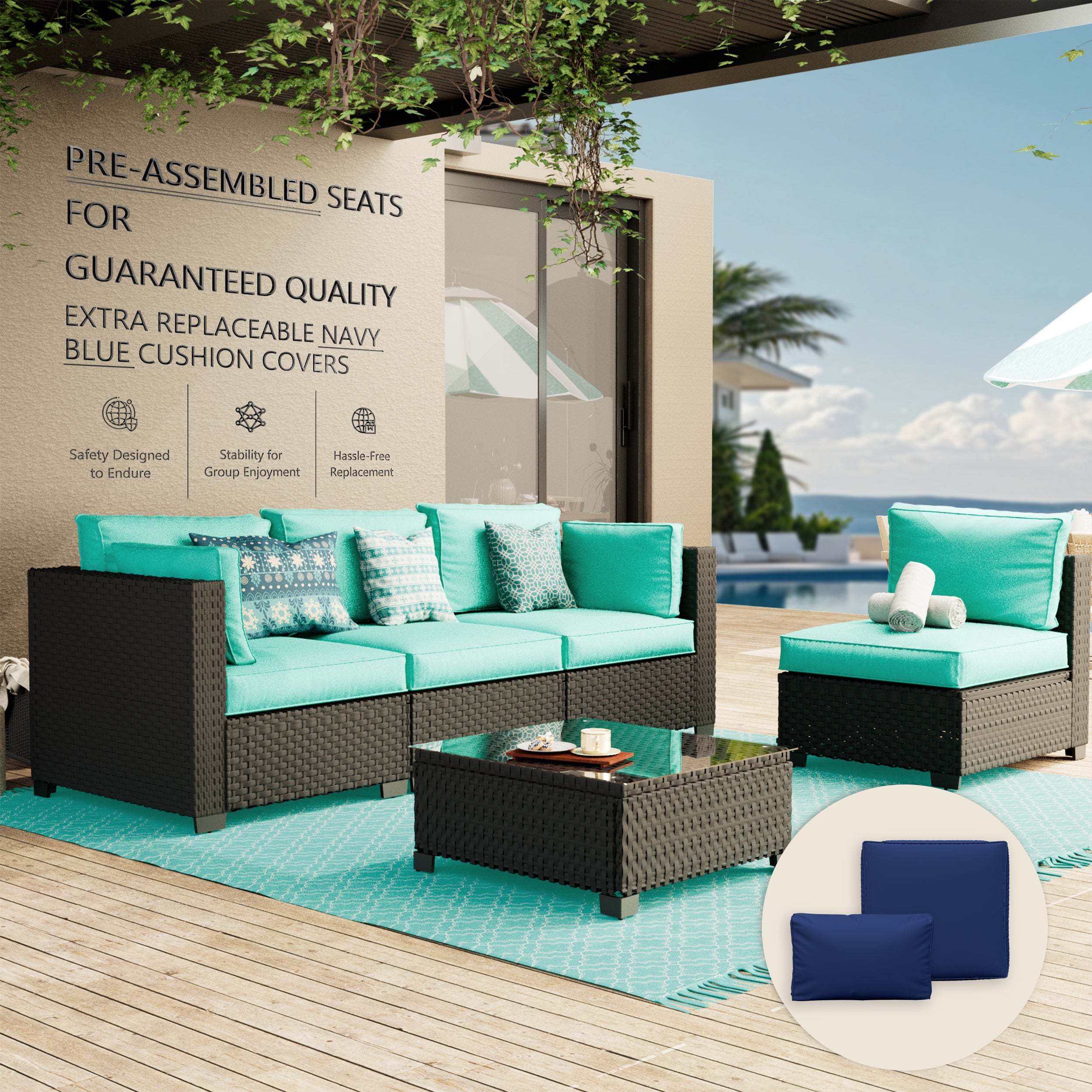 Ark Design 5-Piece Rattan Wicker Outdoor Patio Conversation SofaSeating Set with Coffee Table, Green Cushions with Sofa Protection Cover Option