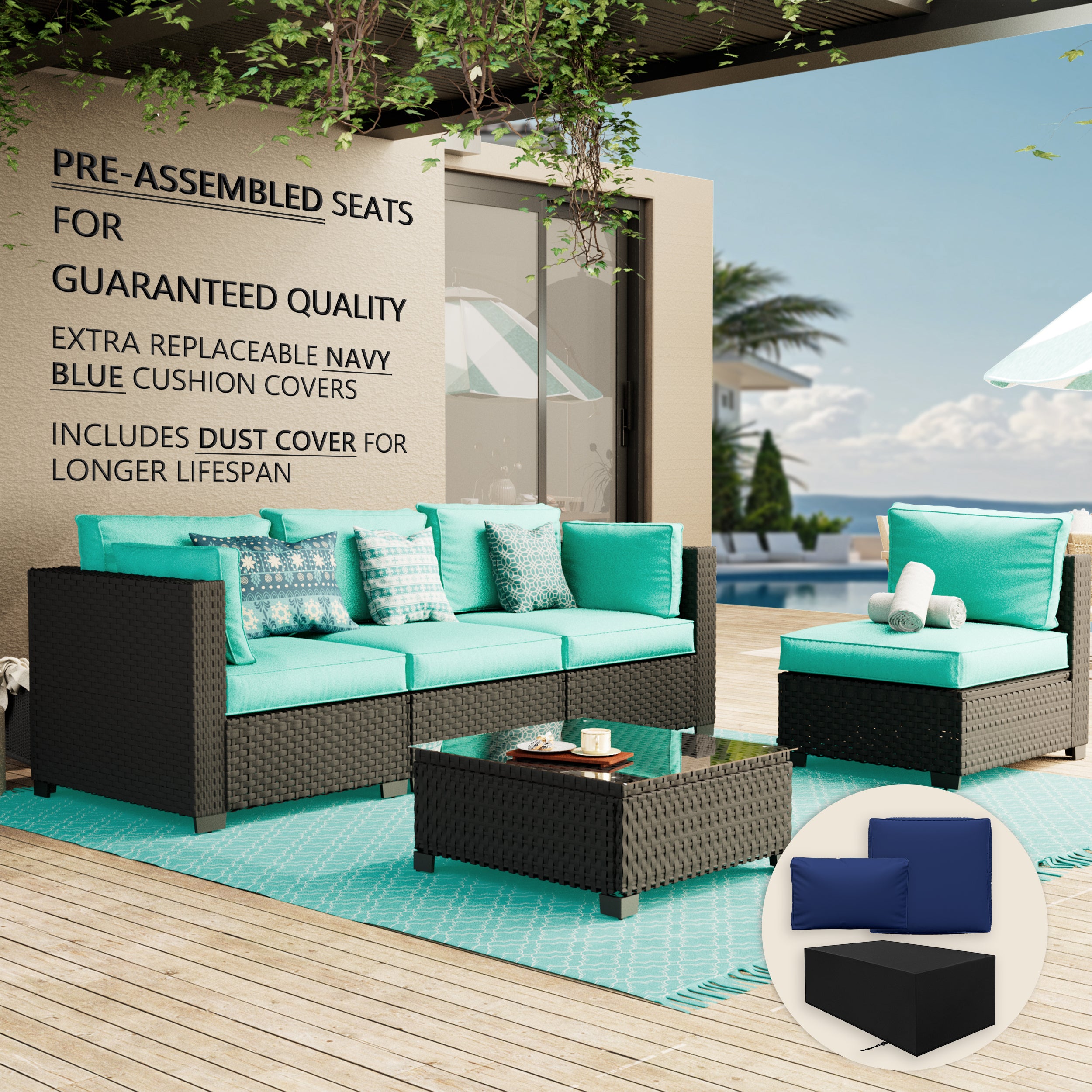 Ark Design 5-Piece Rattan Wicker Outdoor Patio Conversation SofaSeating Set with Coffee Table, Green Cushions with Sofa Protection Cover Option