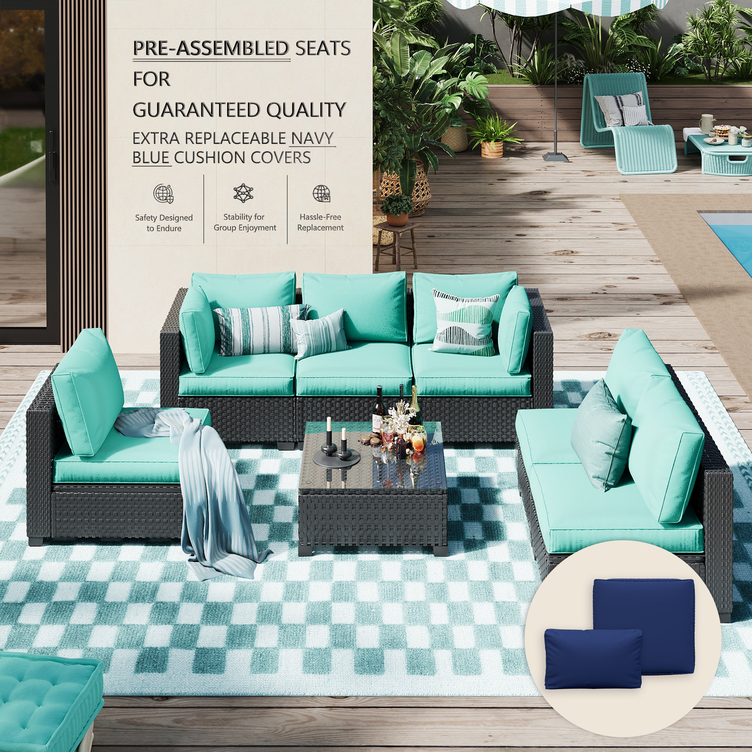 Ark Design 7-Piece Rattan Wicker Outdoor Patio Conversation SofaSeating Set with Coffee Table, Green Cushions with Sofa Protection Cover Option