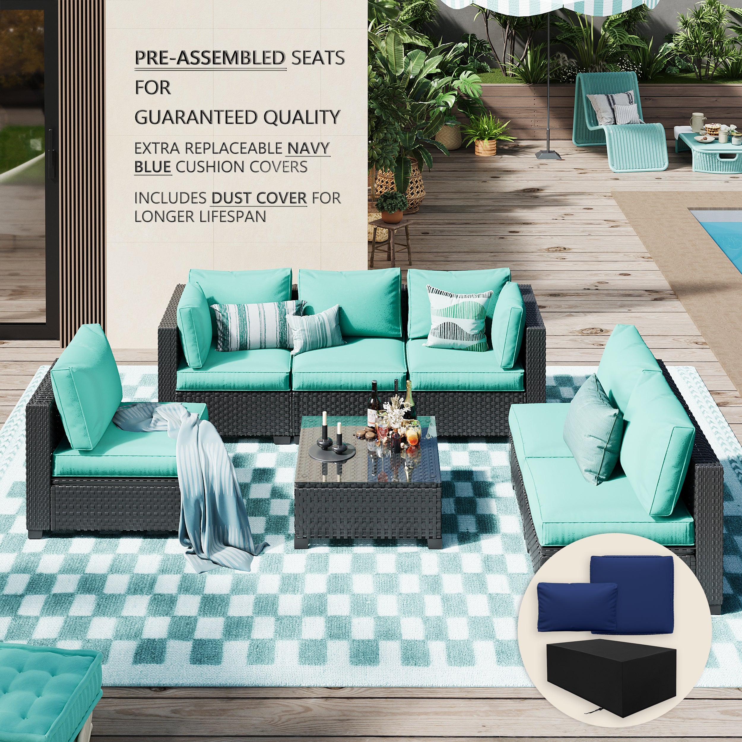 Ark Design 7-Piece Rattan Wicker Outdoor Patio Conversation SofaSeating Set with Coffee Table, Green Cushions with Sofa Protection Cover Option