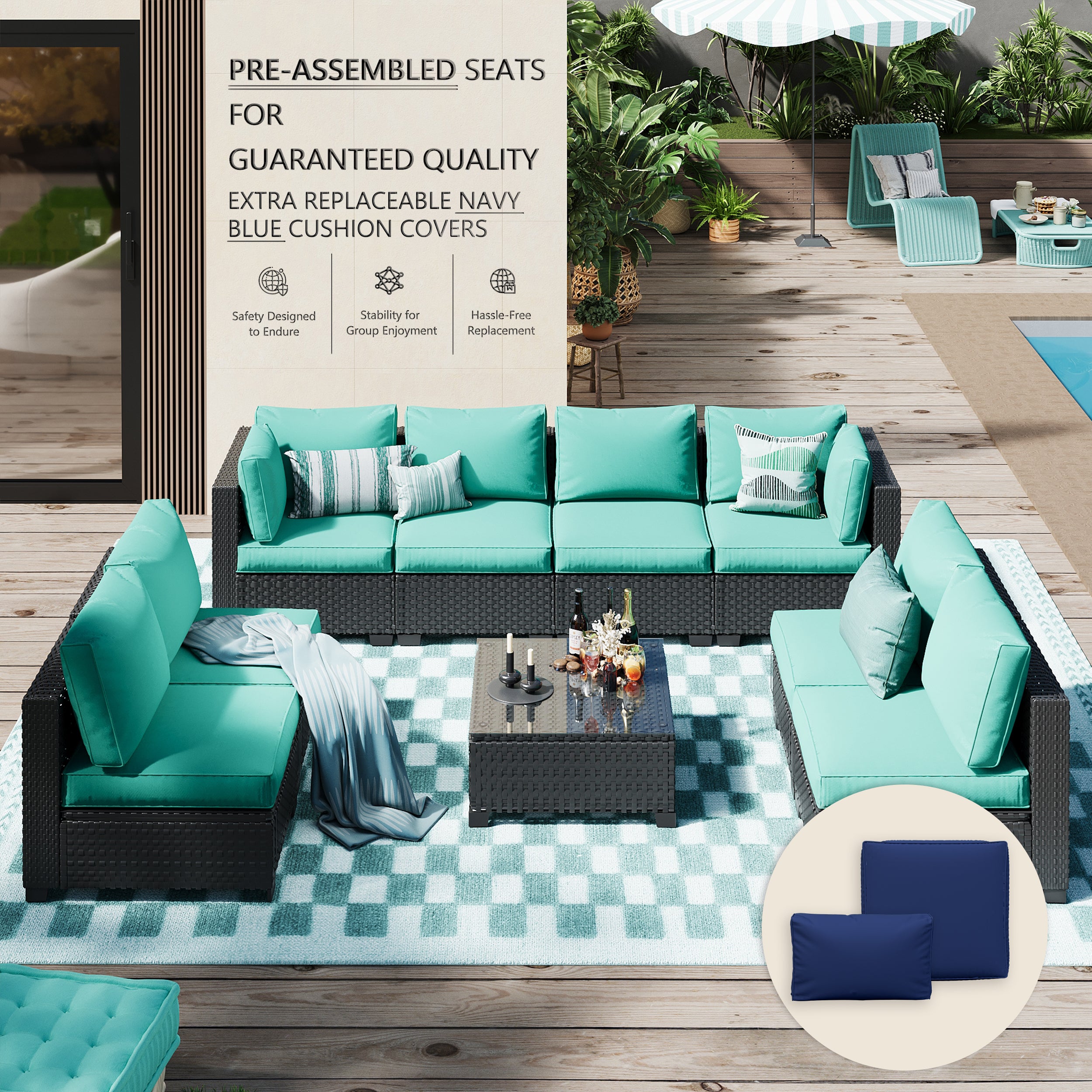 Ark Design 9-Piece Rattan Wicker Outdoor Patio Conversation SofaSeating Set with Coffee Table, Green Cushions with Sofa Protection Cover Option