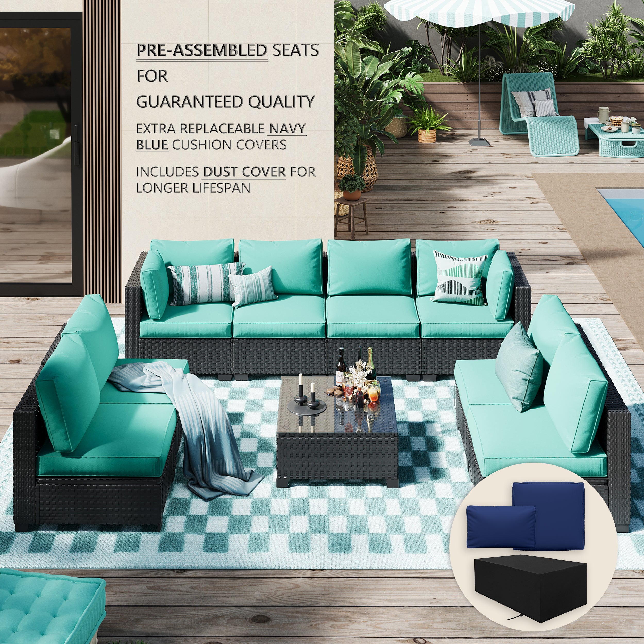 Ark Design 9-Piece Rattan Wicker Outdoor Patio Conversation SofaSeating Set with Coffee Table, Green Cushions with Sofa Protection Cover Option