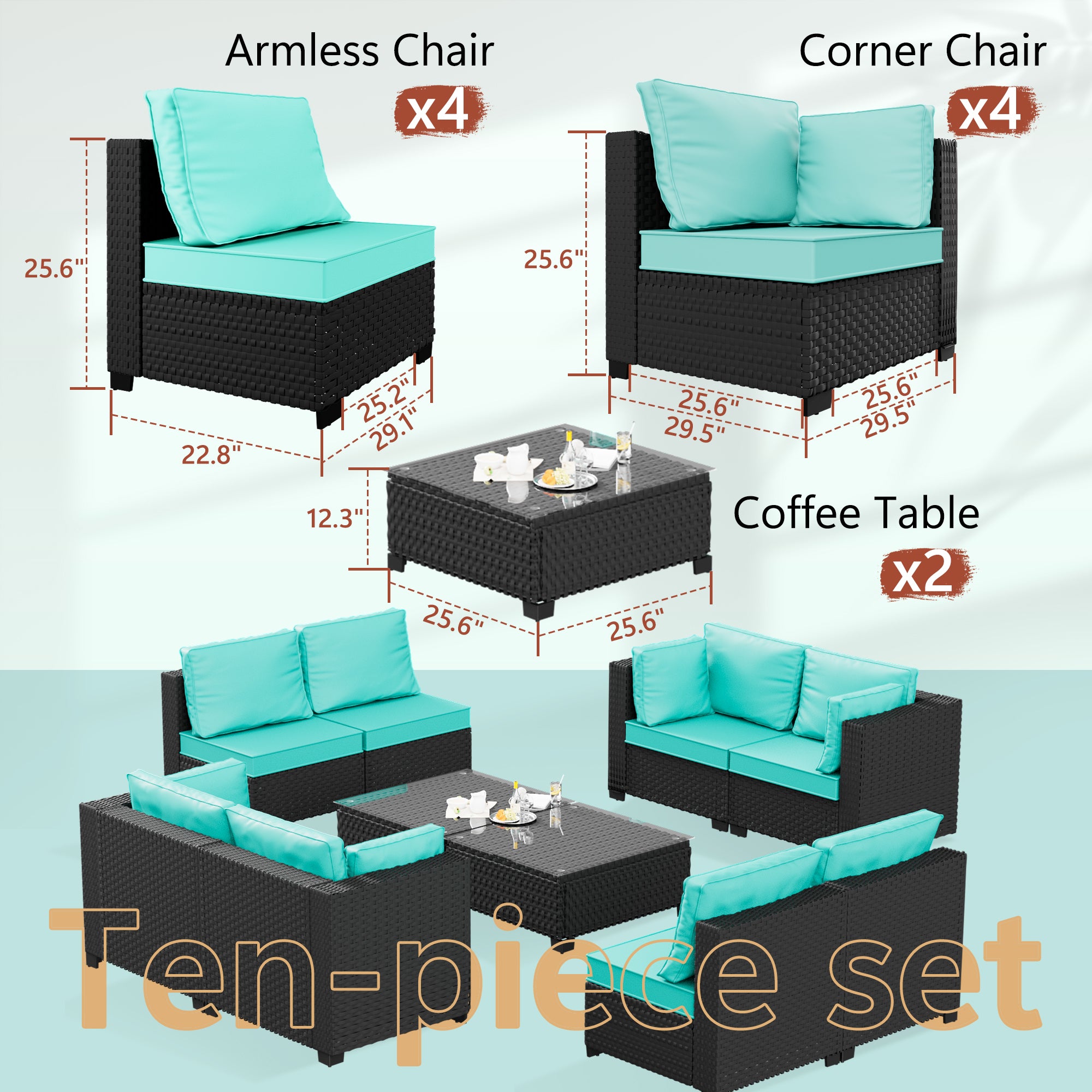 Ark Design 10-Piece Rattan Wicker Outdoor Patio Conversation SofaSeating Set with Coffee Table, Green Cushions with Sofa Protection Cover Option