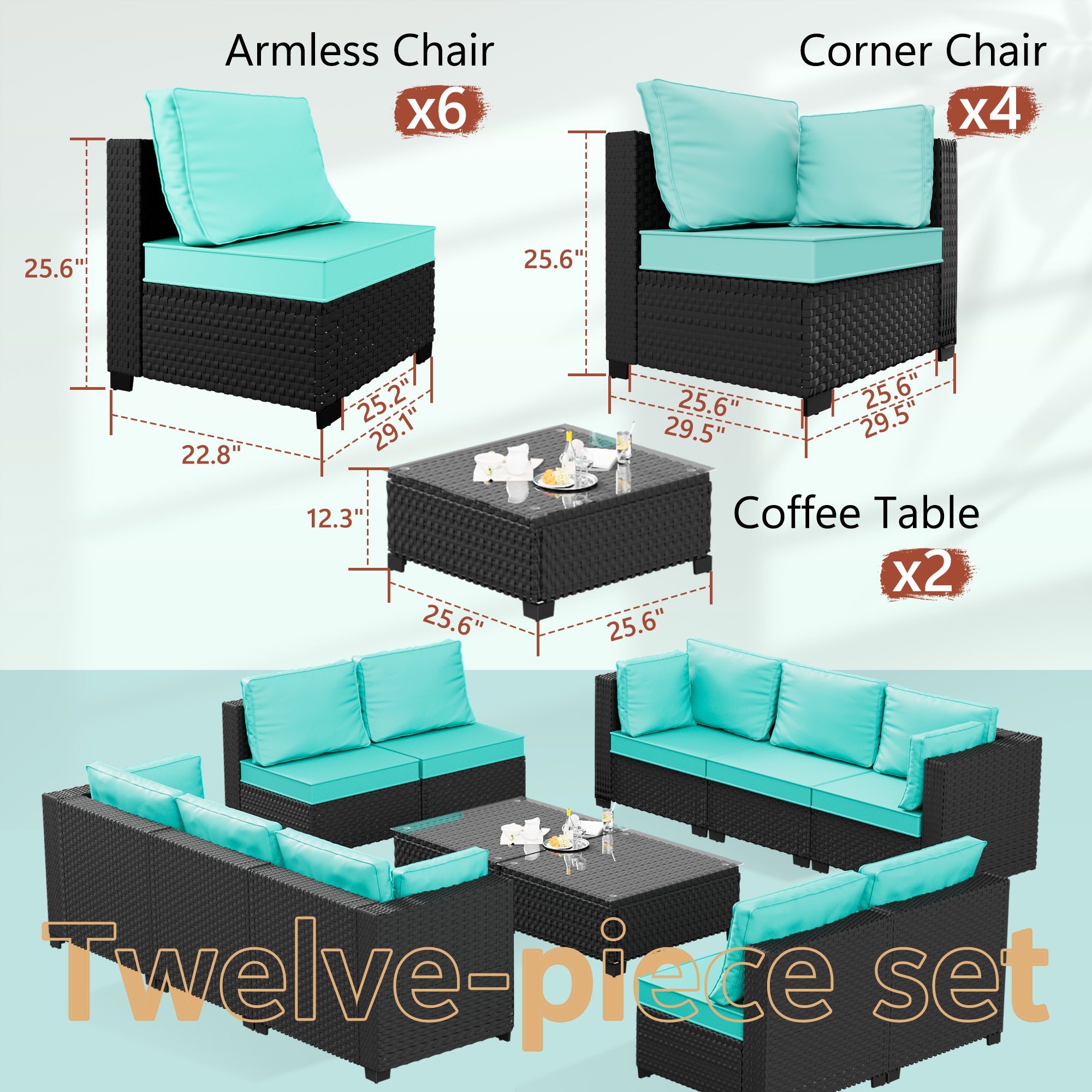 Ark Design 12-Piece Rattan Wicker Outdoor Patio Conversation SofaSeating Set with Coffee Table, Green Cushions with Sofa Protection Cover Option