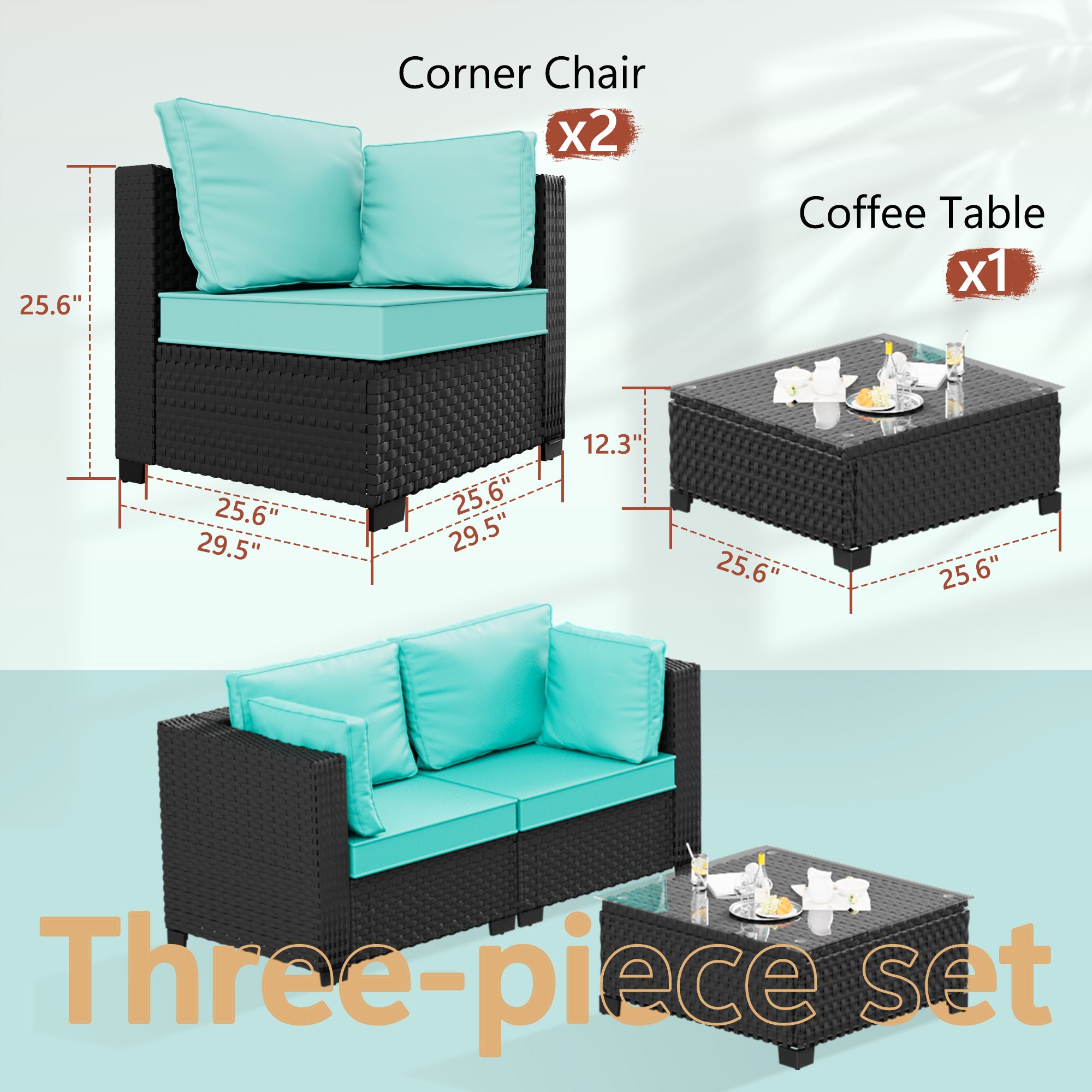 Ark Design 3-Piece Rattan Wicker Outdoor Patio Conversation SofaSeating Set with Coffee Table, Green Cushions with Sofa Protection Cover Option