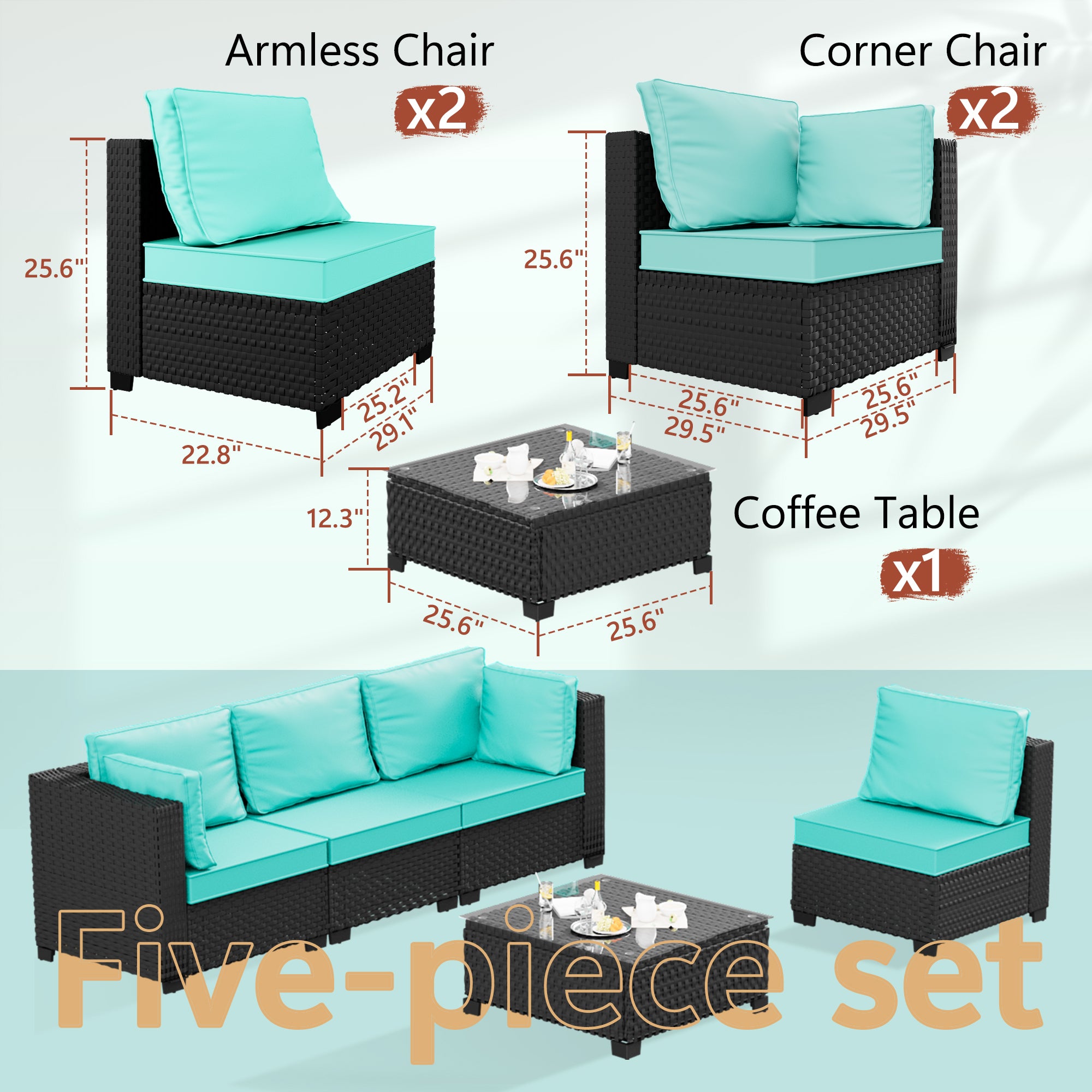 Ark Design 5-Piece Rattan Wicker Outdoor Patio Conversation SofaSeating Set with Coffee Table, Green Cushions with Sofa Protection Cover Option