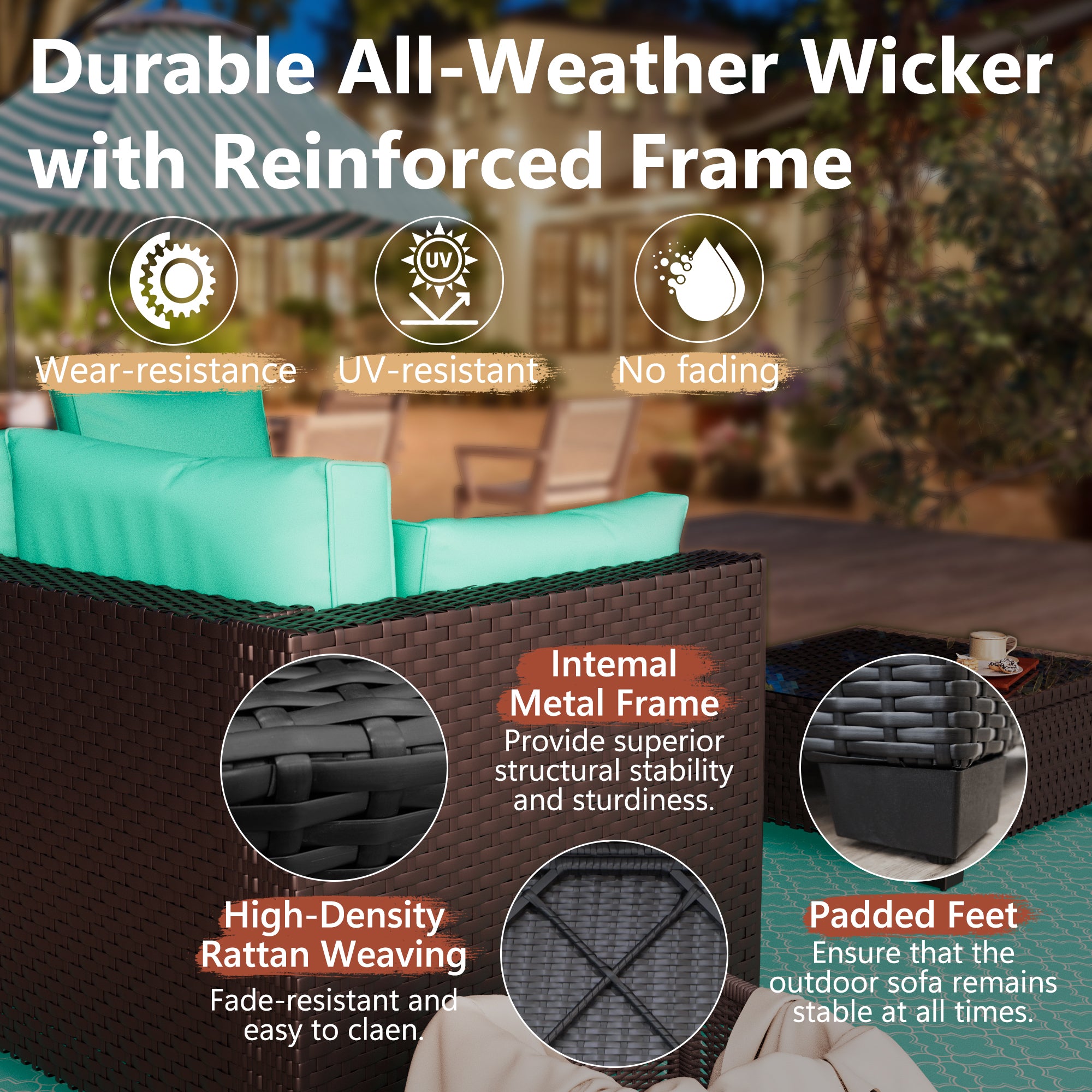 Ark Design 10-Piece Rattan Wicker Outdoor Patio Conversation SofaSeating Set with Coffee Table, Green Cushions with Sofa Protection Cover Option