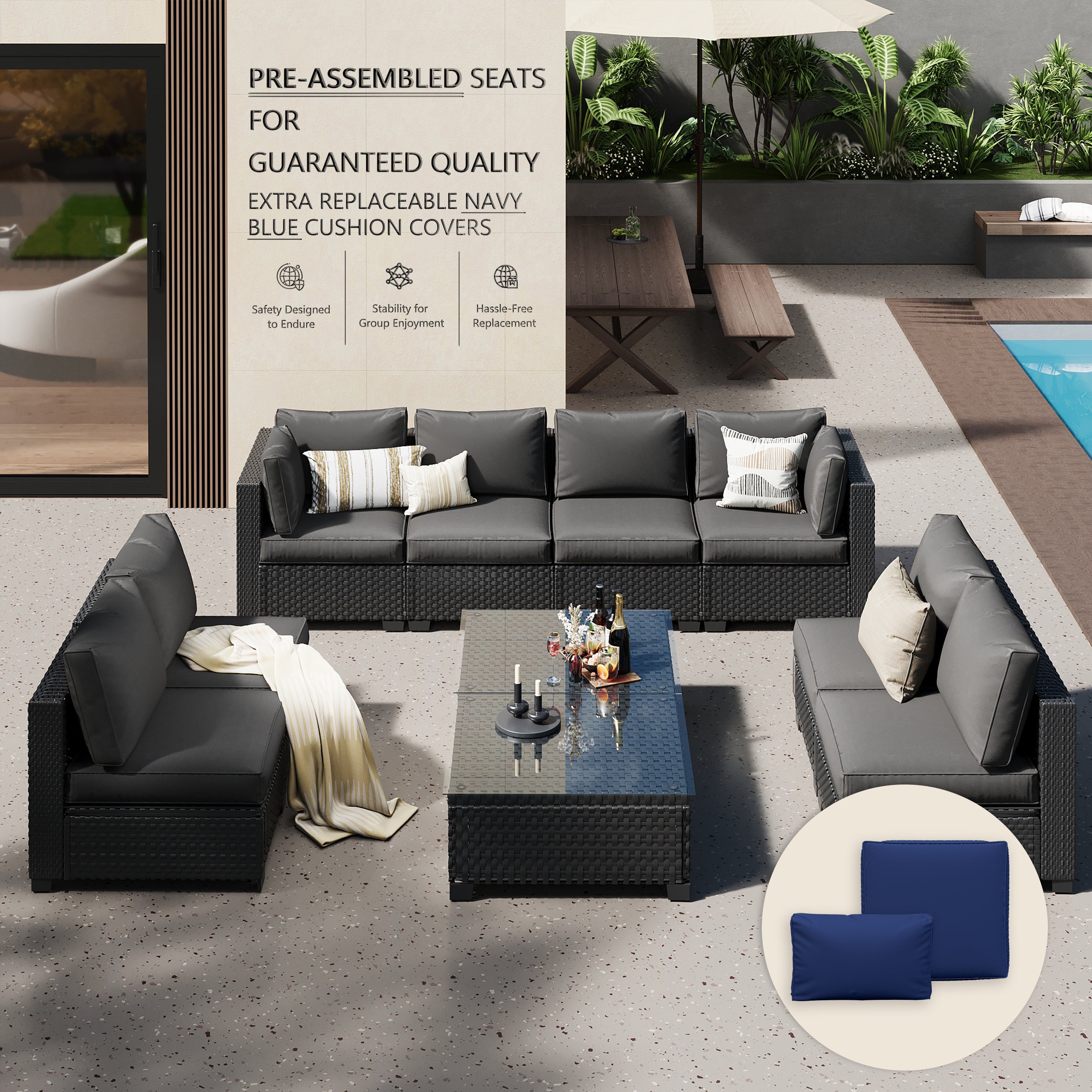 Ark Design 10-Piece Rattan Wicker Outdoor Patio Conversation SofaSeating Set with Coffee Table, Gray Cushions with Sofa Protection Cover Option