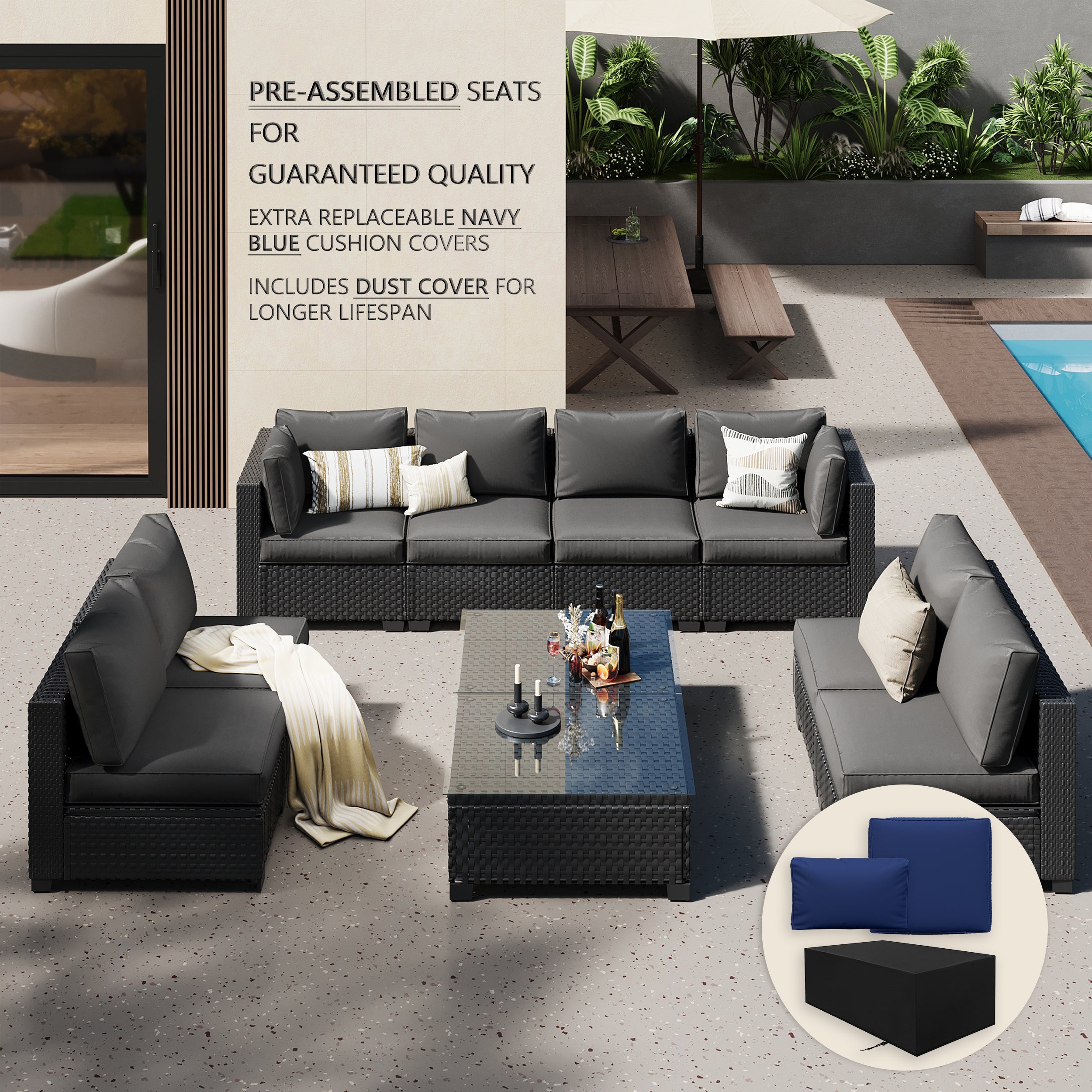 Ark Design 10-Piece Rattan Wicker Outdoor Patio Conversation SofaSeating Set with Coffee Table, Gray Cushions with Sofa Protection Cover Option