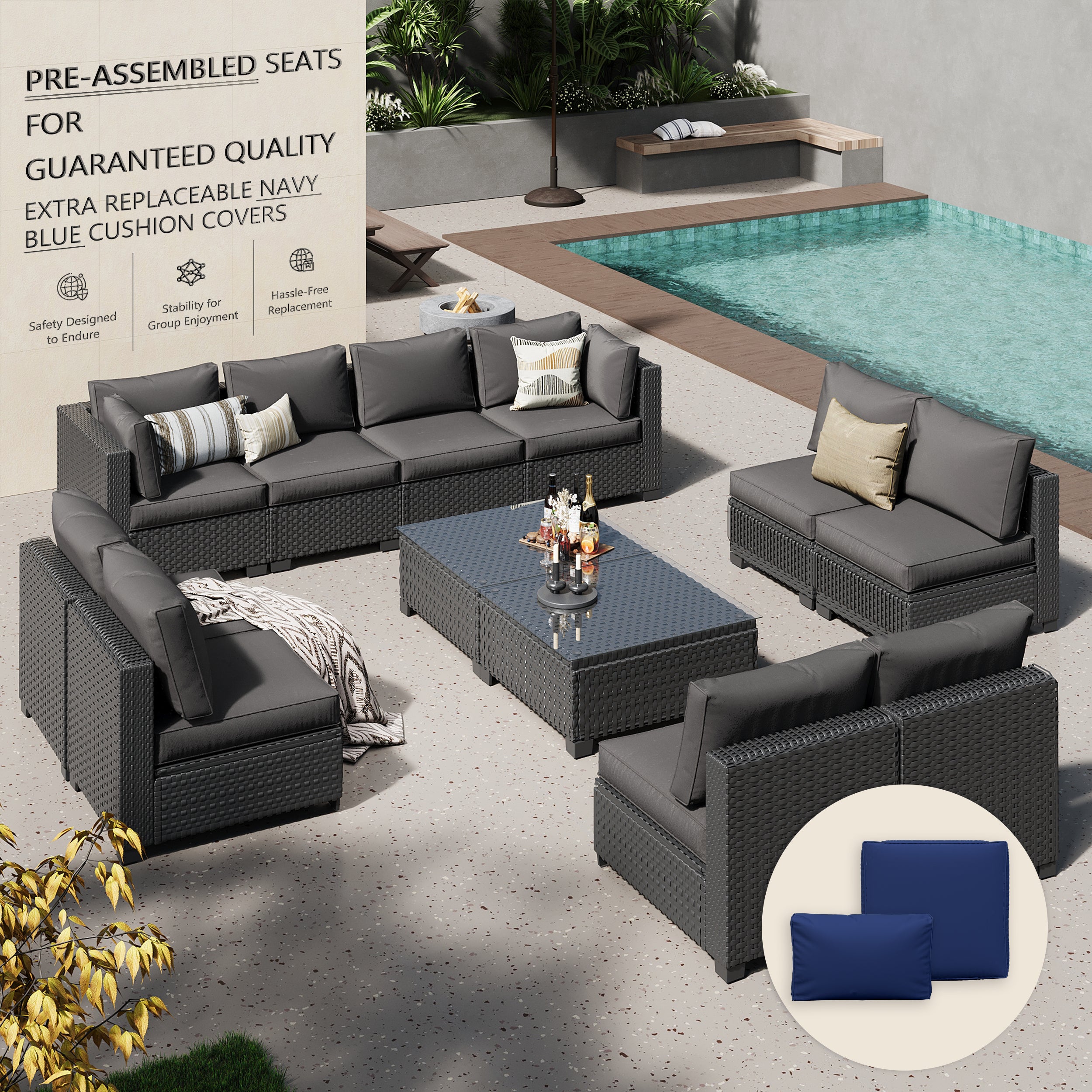 Ark Design 12-Piece Rattan Wicker Outdoor Patio Conversation SofaSeating Set with Coffee Table, Gray Cushions with Sofa Protection Cover Option