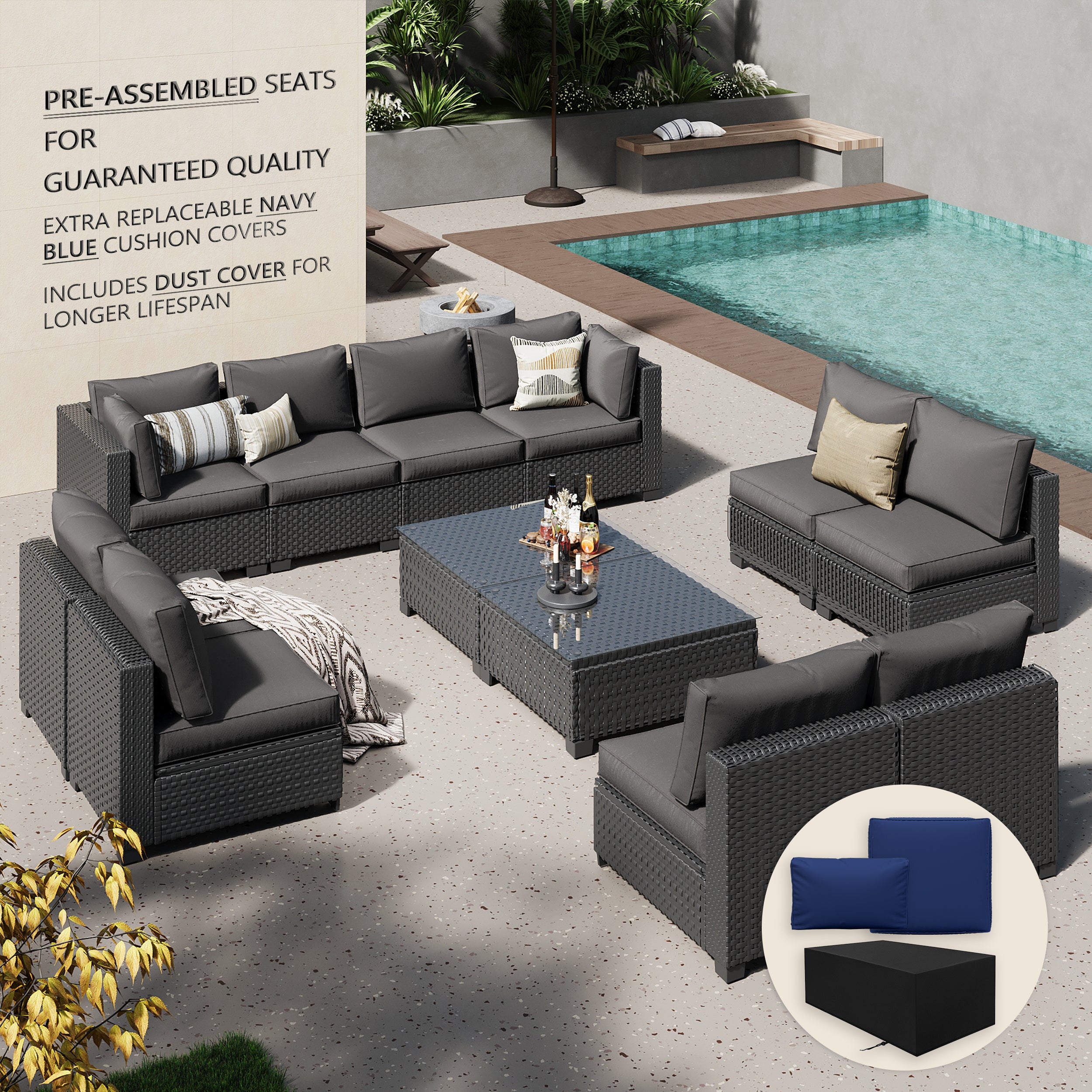 Ark Design 12-Piece Rattan Wicker Outdoor Patio Conversation SofaSeating Set with Coffee Table, Gray Cushions with Sofa Protection Cover Option