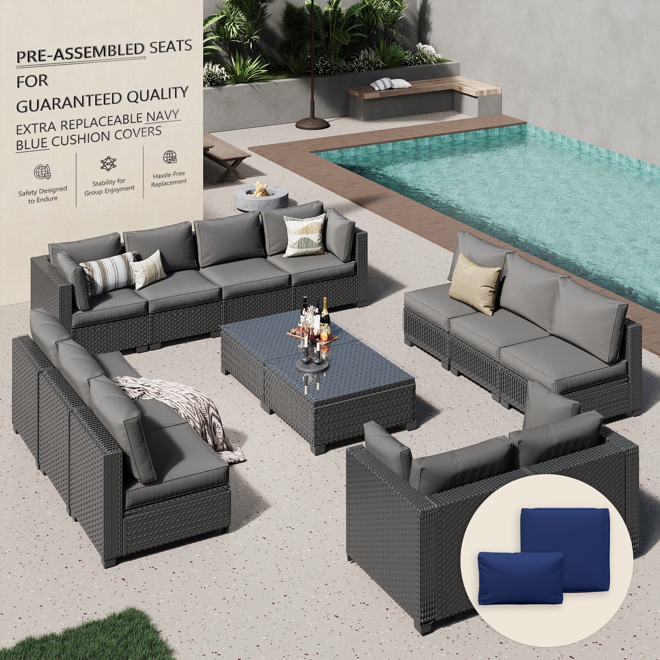 Ark Design 14-Piece Rattan Wicker Outdoor Patio Conversation SofaSeating Set with Coffee Table, Gray Cushions with Sofa Protection Cover Option