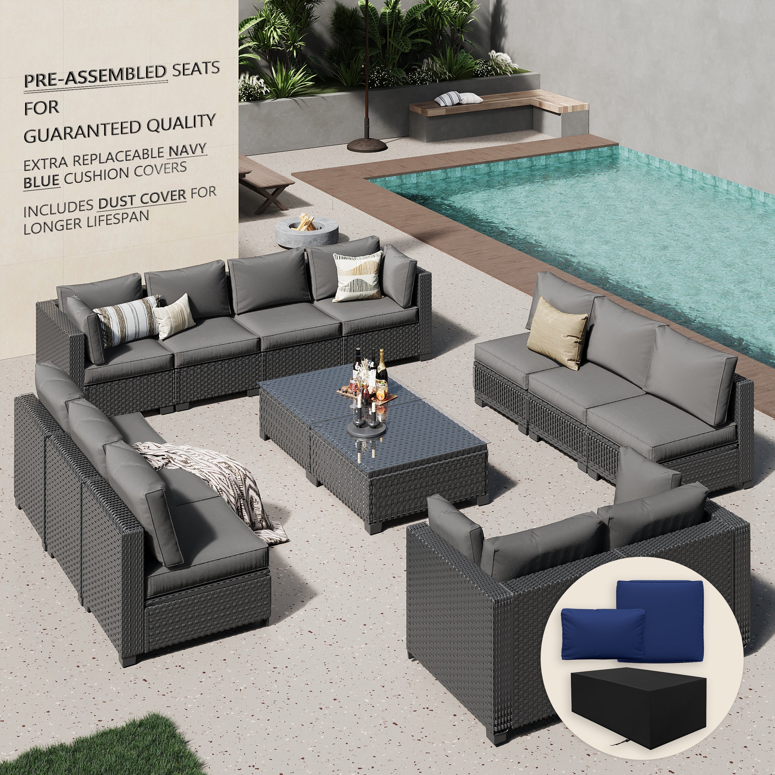 Ark Design 14-Piece Rattan Wicker Outdoor Patio Conversation SofaSeating Set with Coffee Table, Gray Cushions with Sofa Protection Cover Option