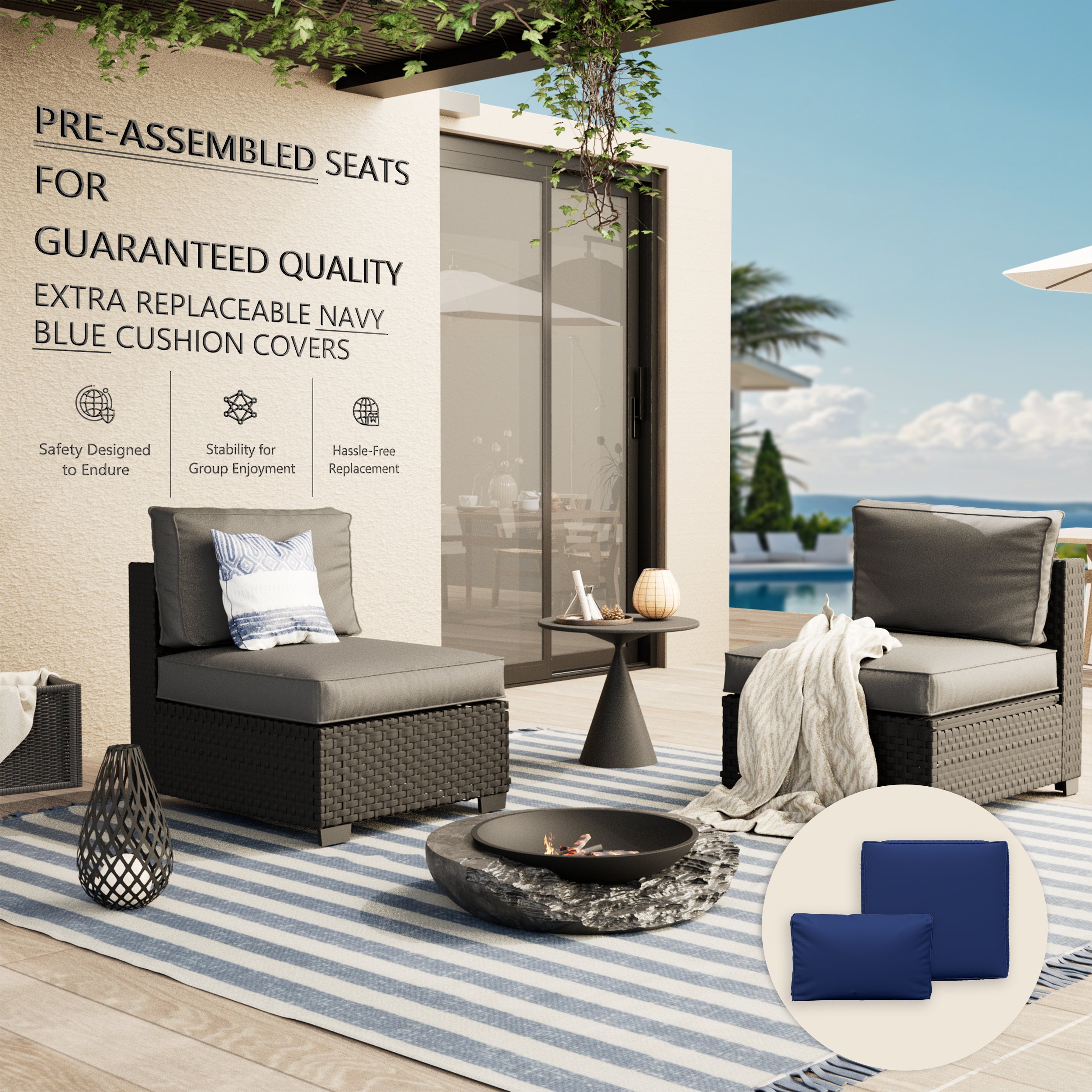 Ark Design 2-Piece Black Wicker Outdoor Patio Conversation Sectional Seating Set, Gray Cushions with Sofa Protection Cover Option