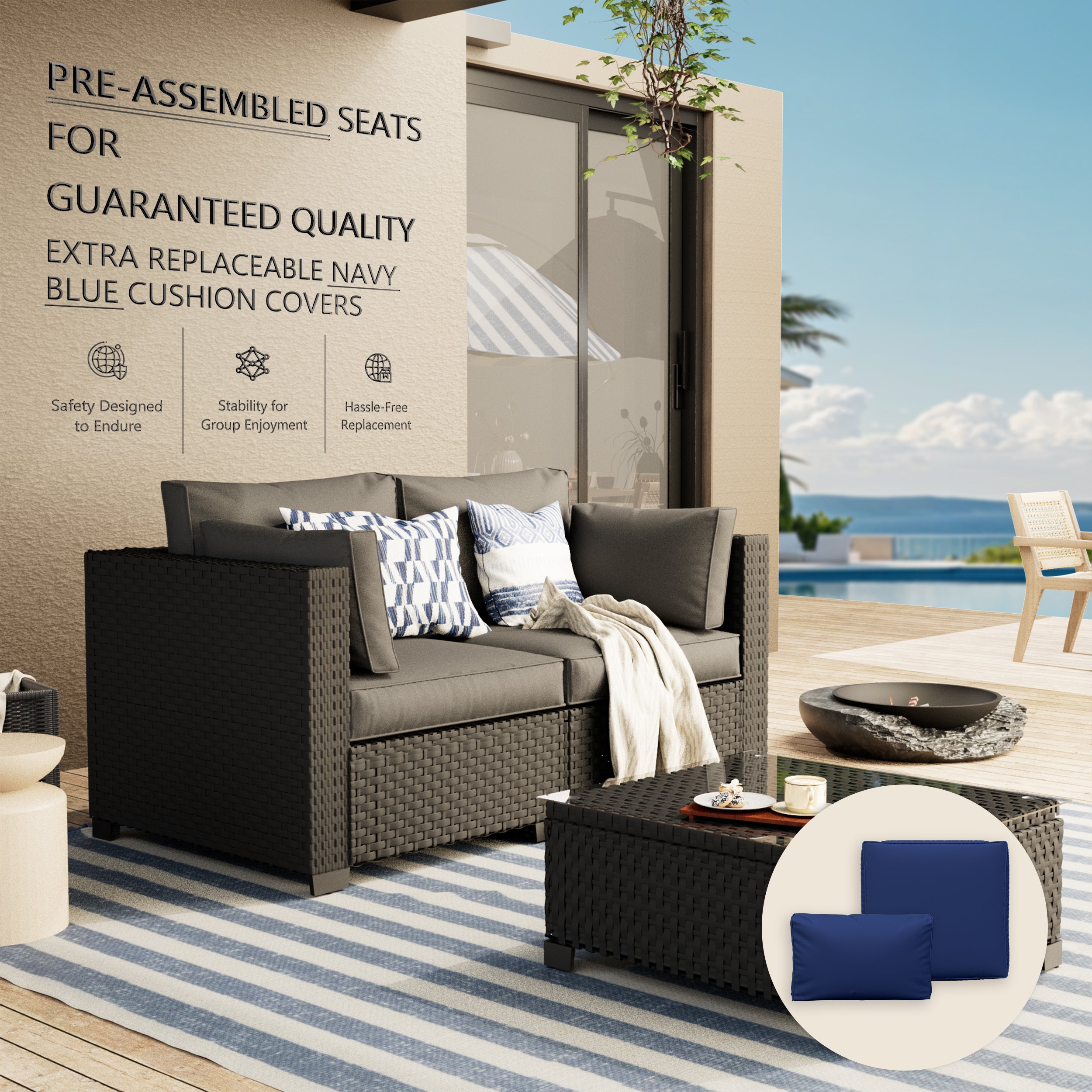 Ark Design 3-Piece Rattan Wicker Outdoor Patio Conversation SofaSeating Set with Coffee Table, Gray Cushions with Sofa Protection Cover Option