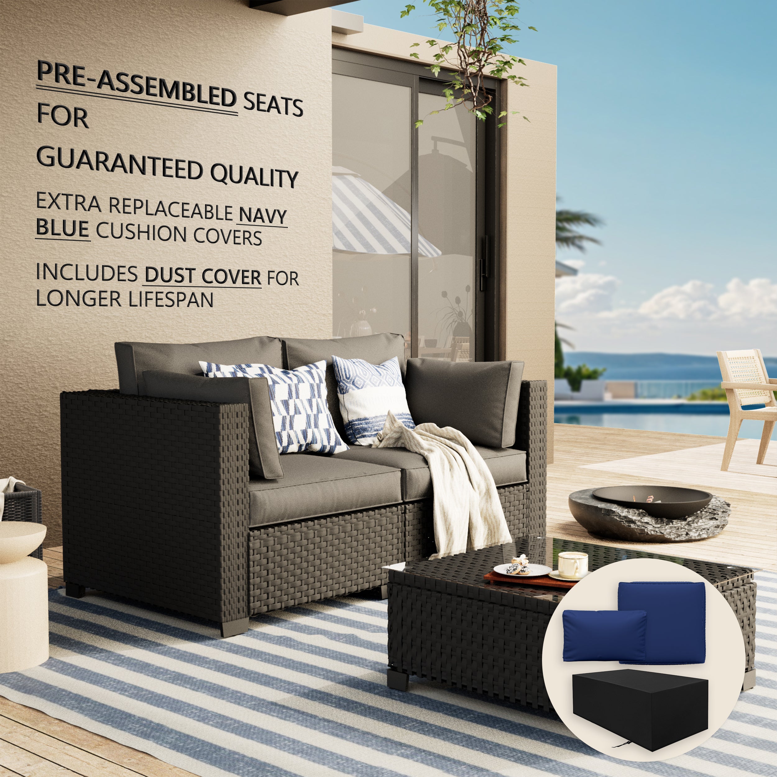 Ark Design 3-Piece Rattan Wicker Outdoor Patio Conversation SofaSeating Set with Coffee Table, Gray Cushions with Sofa Protection Cover Option