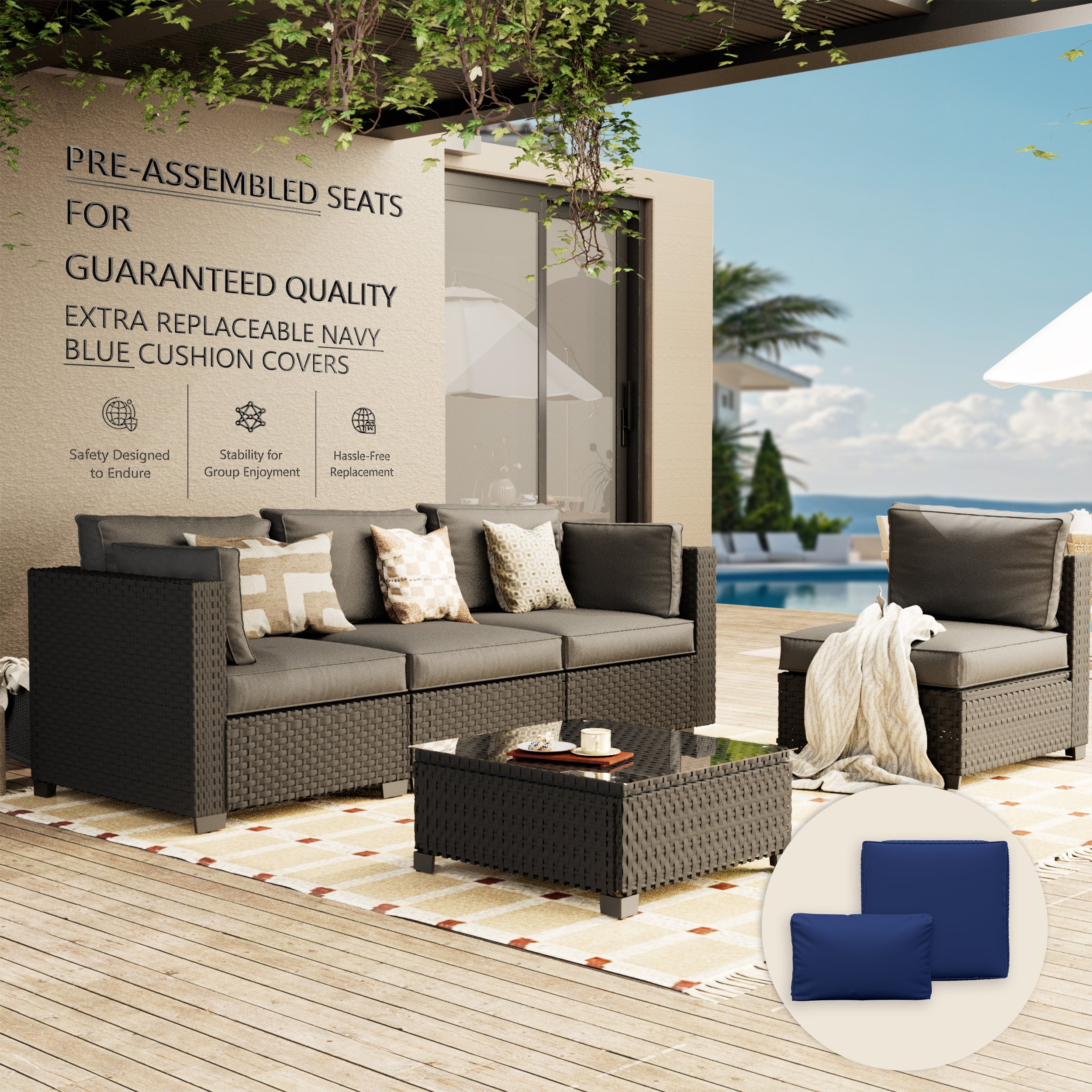 Ark Design 5-Piece Rattan Wicker Outdoor Patio Conversation SofaSeating Set with Coffee Table, Gray Cushions with Sofa Protection Cover Option