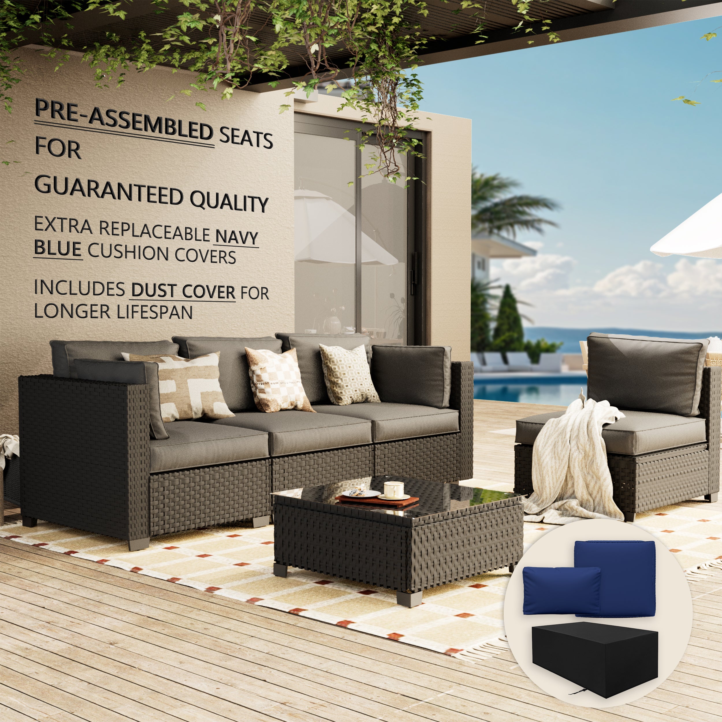 Ark Design 5-Piece Rattan Wicker Outdoor Patio Conversation SofaSeating Set with Coffee Table, Gray Cushions with Sofa Protection Cover Option