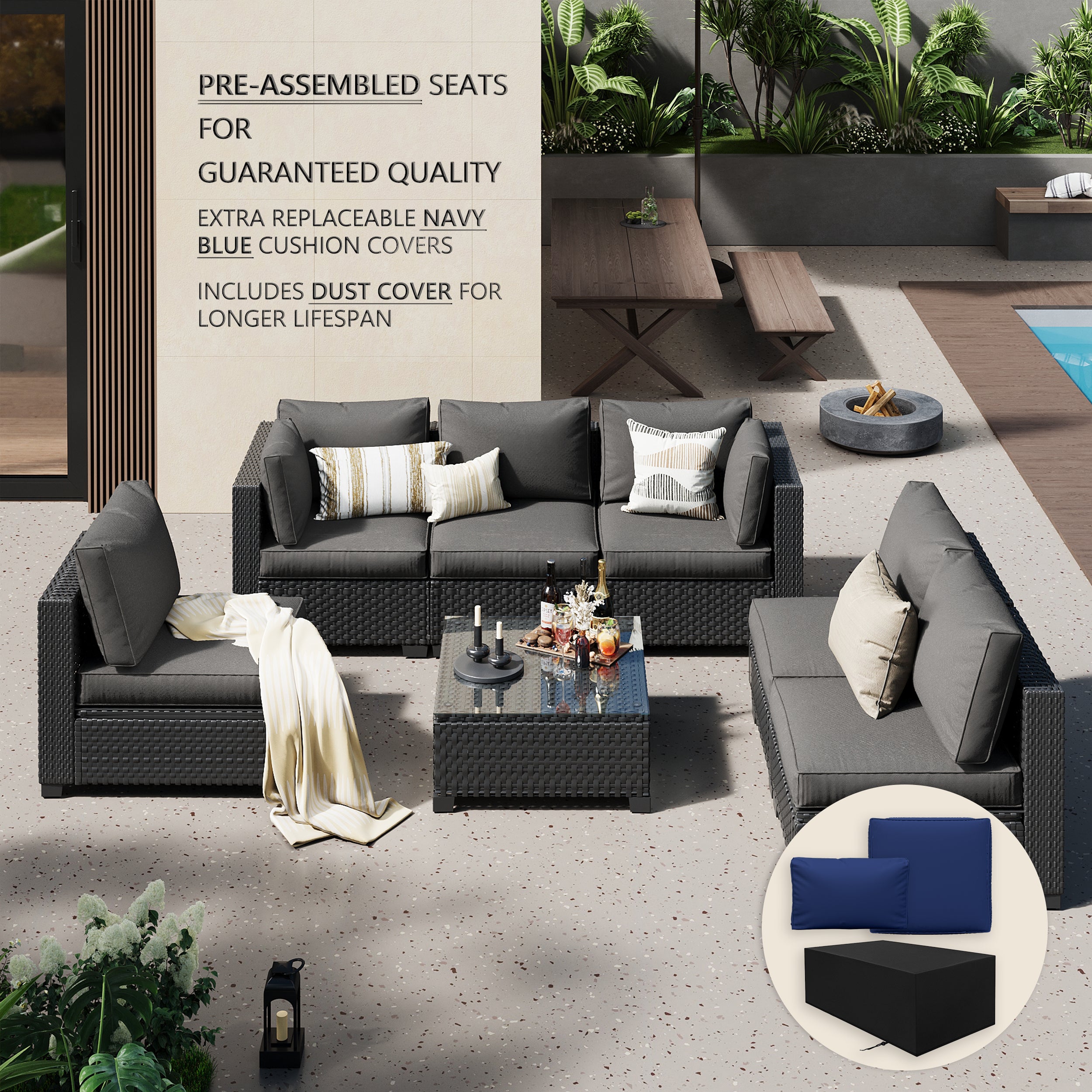 Ark Design 7-Piece Rattan Wicker Outdoor Patio Conversation SofaSeating Set with Coffee Table, Gray Cushions with Sofa Protection Cover Option