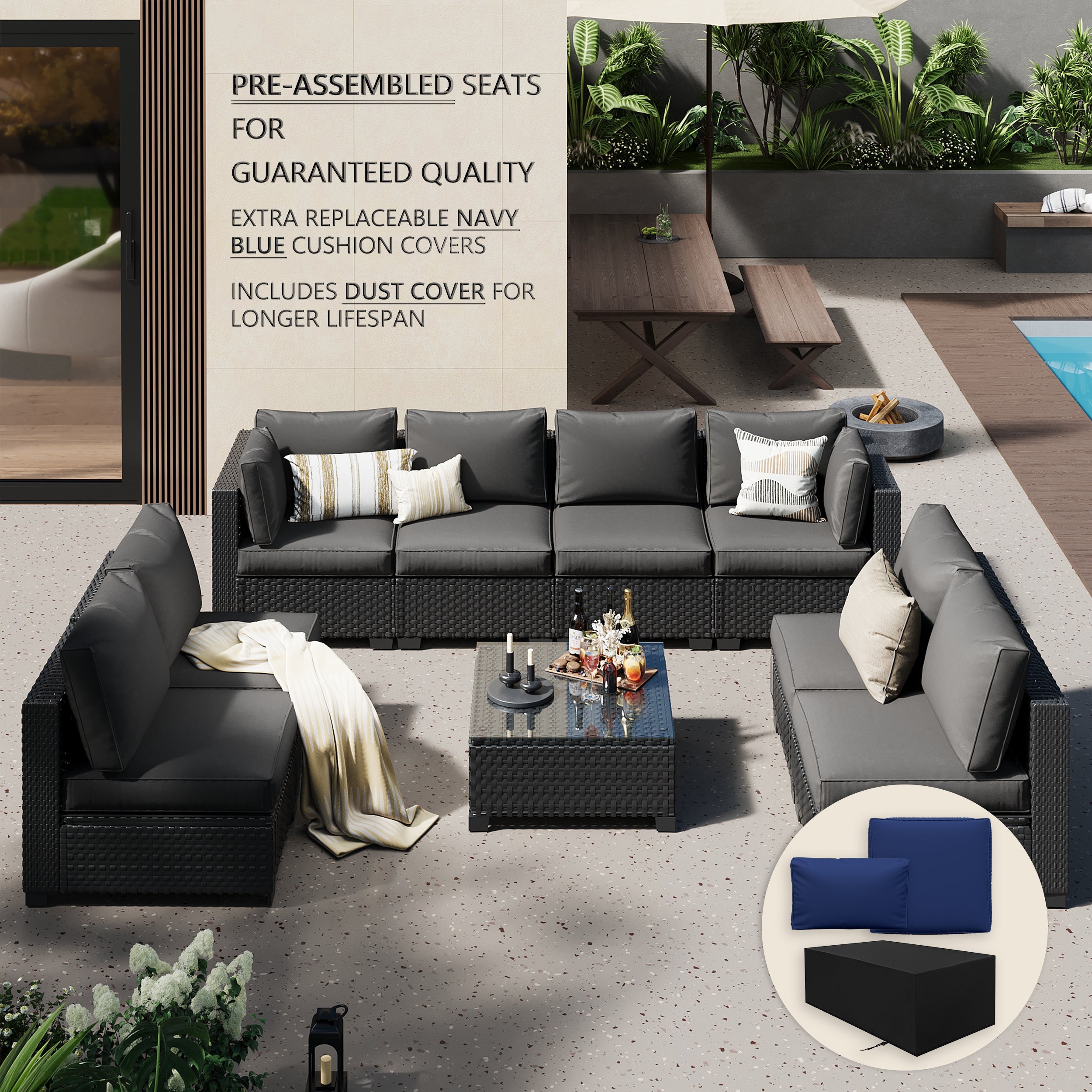 Ark Design 9-Piece Rattan Wicker Outdoor Patio Conversation SofaSeating Set with Coffee Table, Gray Cushions with Sofa Protection Cover Option