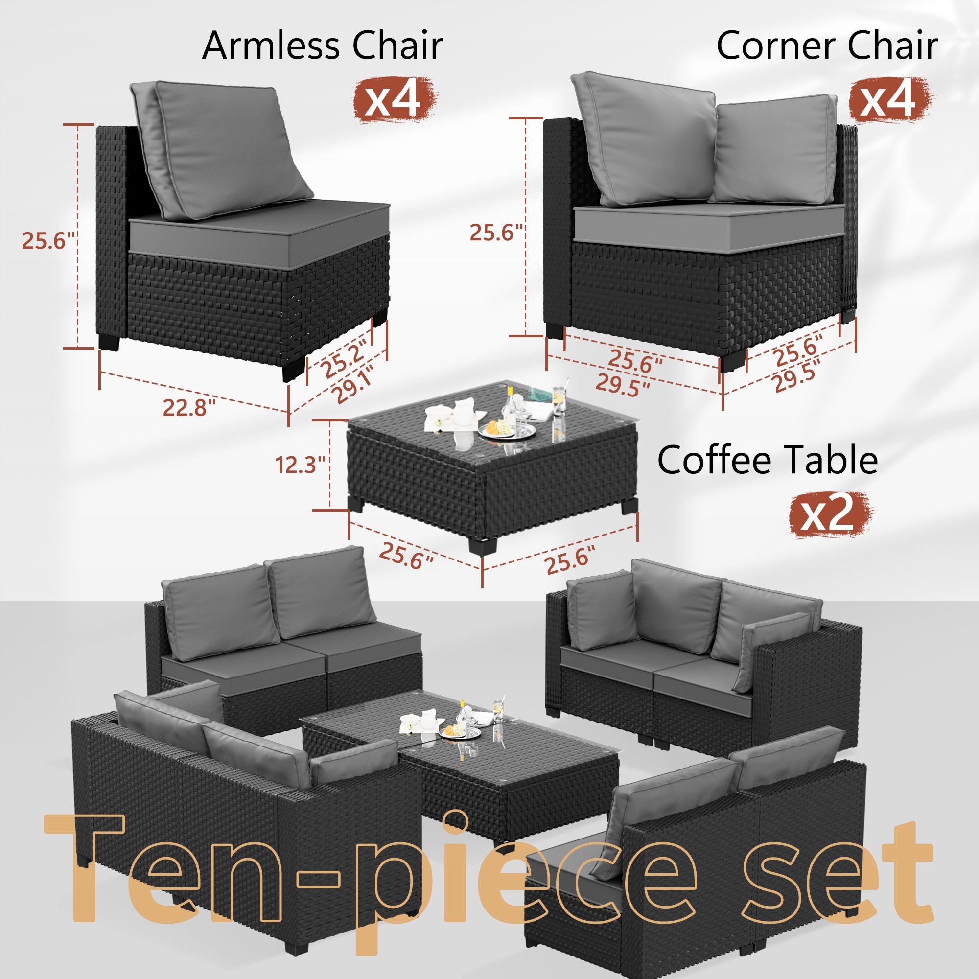 Ark Design 10-Piece Rattan Wicker Outdoor Patio Conversation SofaSeating Set with Coffee Table, Gray Cushions with Sofa Protection Cover Option