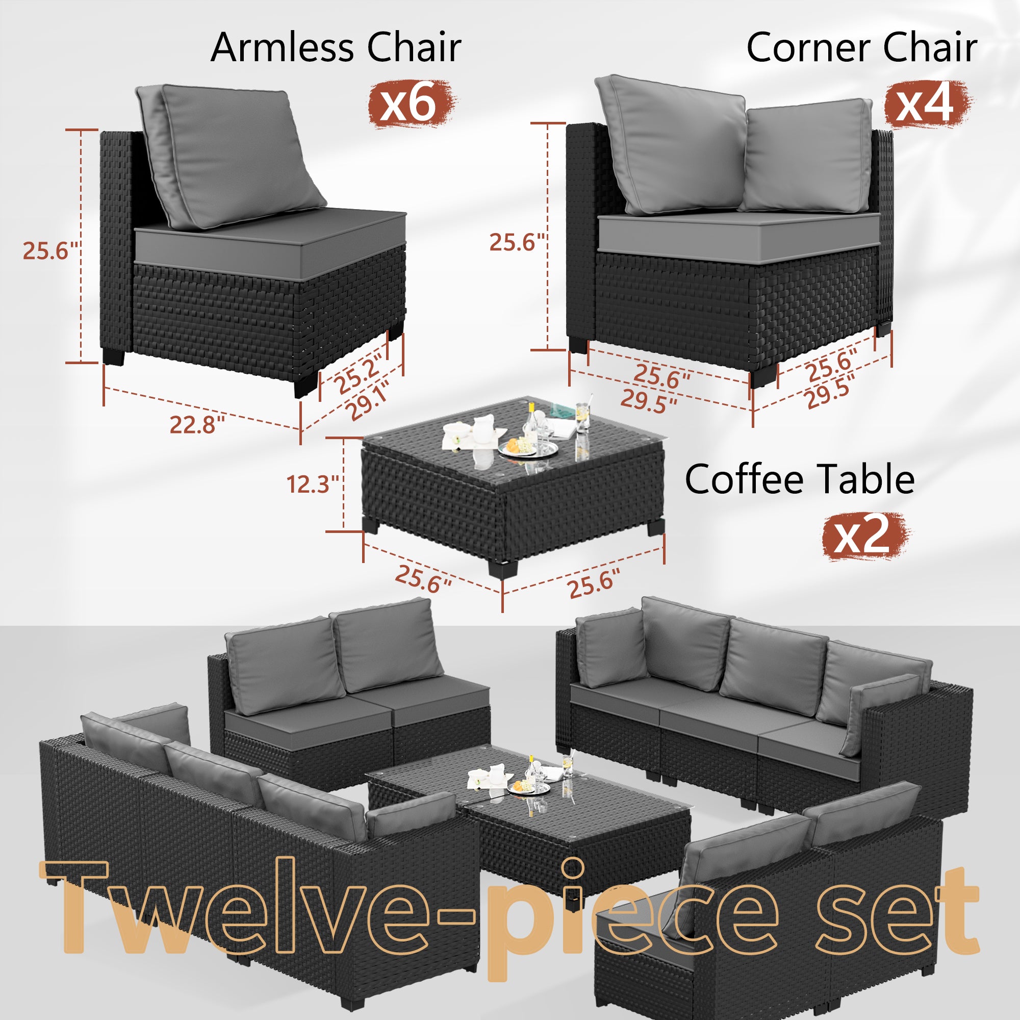 Ark Design 12-Piece Rattan Wicker Outdoor Patio Conversation SofaSeating Set with Coffee Table, Gray Cushions with Sofa Protection Cover Option