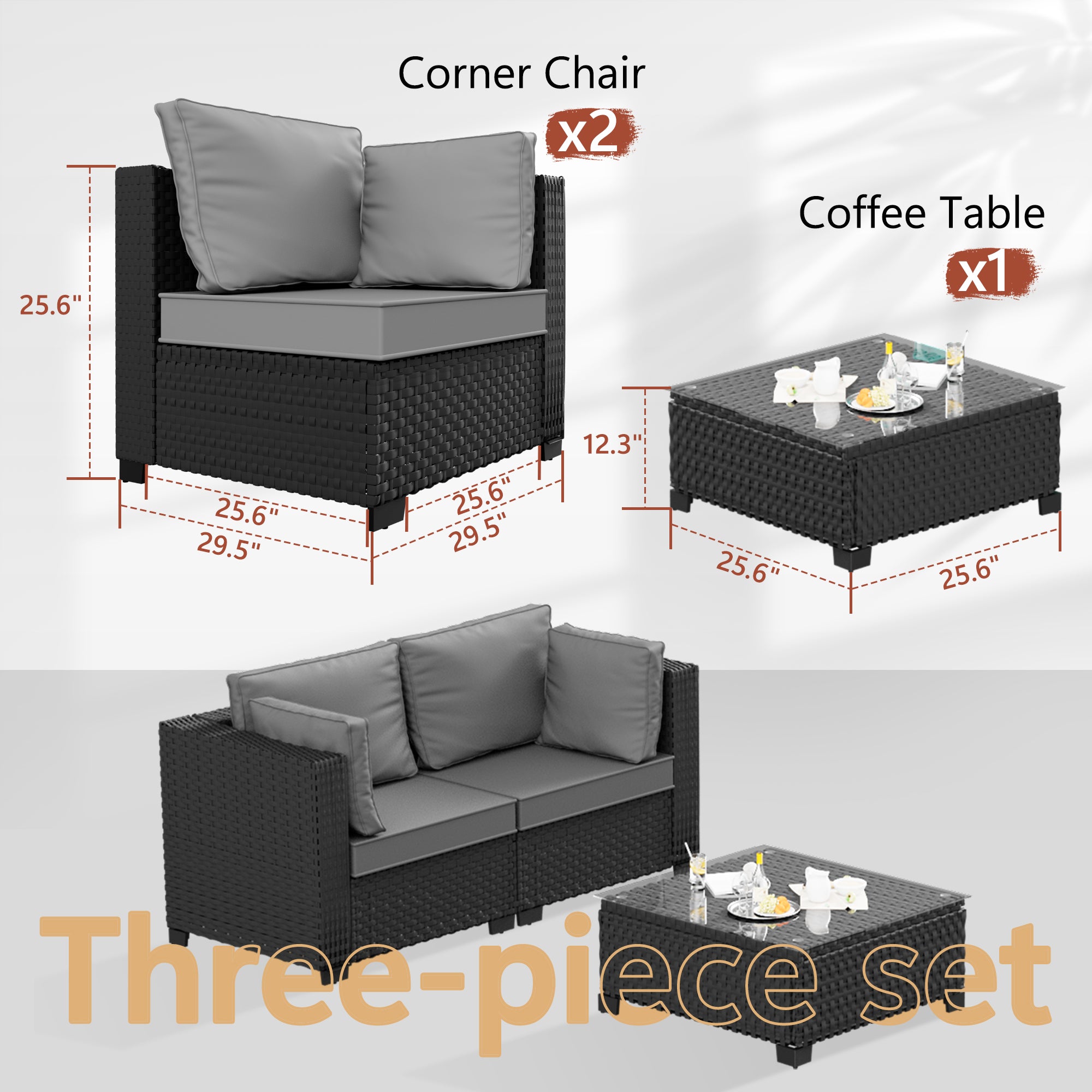 Ark Design 3-Piece Rattan Wicker Outdoor Patio Conversation SofaSeating Set with Coffee Table, Gray Cushions with Sofa Protection Cover Option