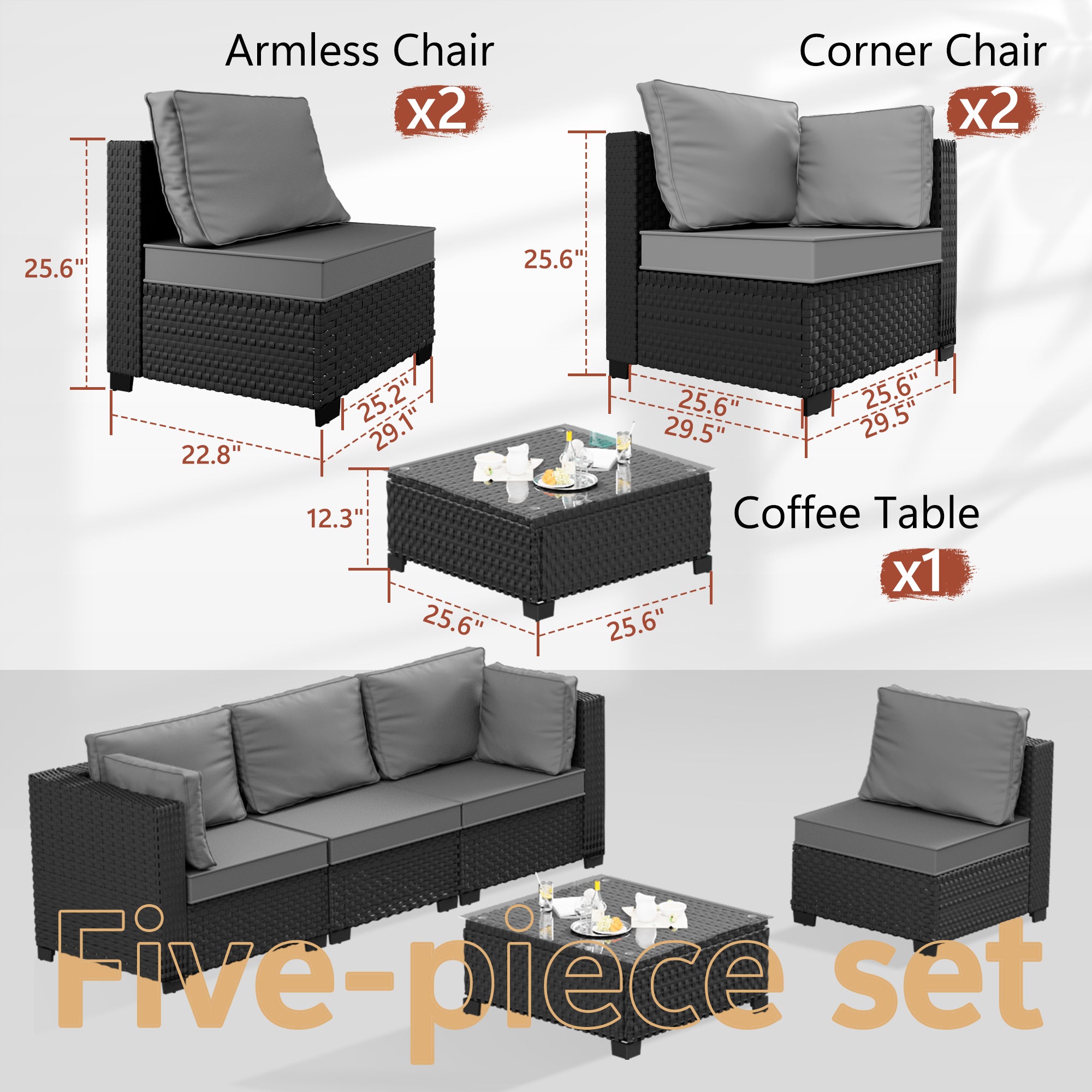 Ark Design 5-Piece Rattan Wicker Outdoor Patio Conversation SofaSeating Set with Coffee Table, Gray Cushions with Sofa Protection Cover Option