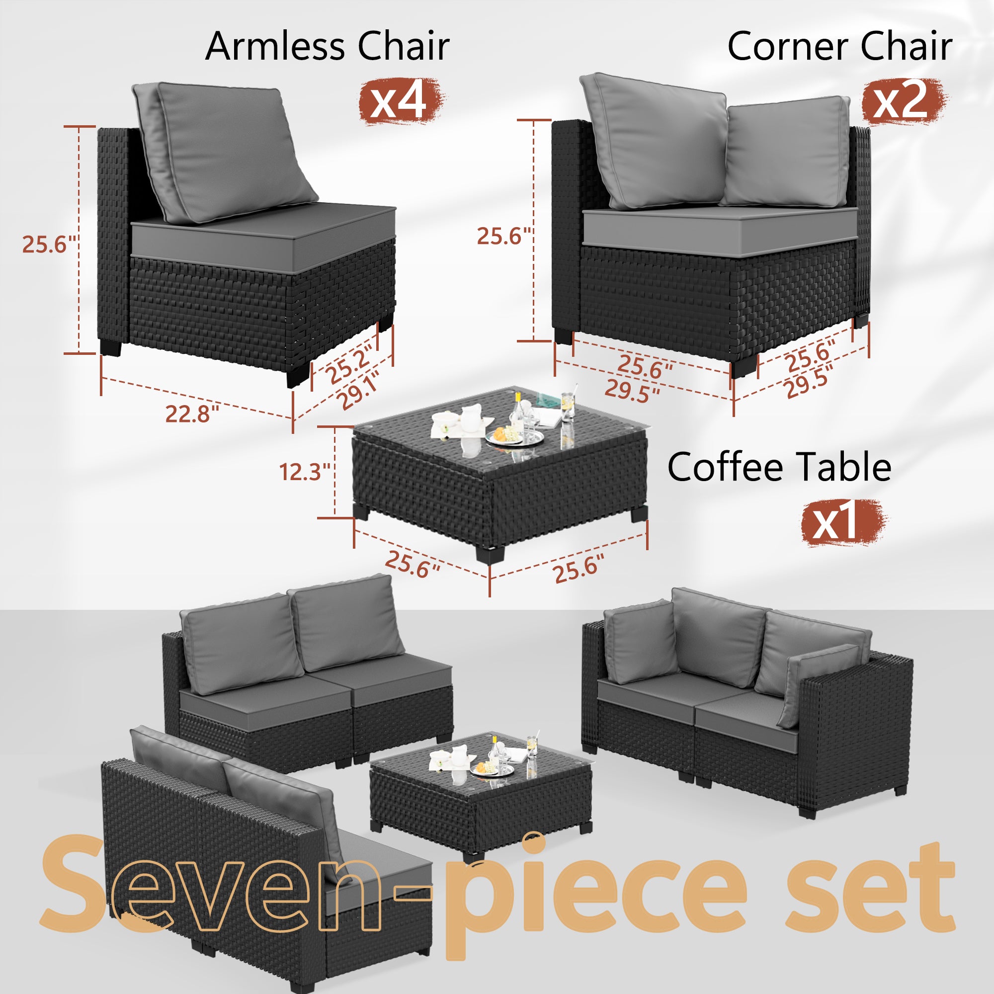 Ark Design 7-Piece Rattan Wicker Outdoor Patio Conversation SofaSeating Set with Coffee Table, Gray Cushions with Sofa Protection Cover Option