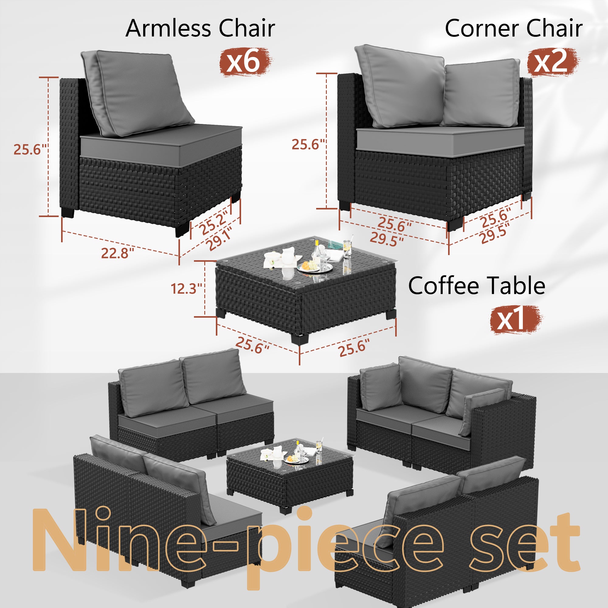 Ark Design 9-Piece Rattan Wicker Outdoor Patio Conversation SofaSeating Set with Coffee Table, Gray Cushions with Sofa Protection Cover Option