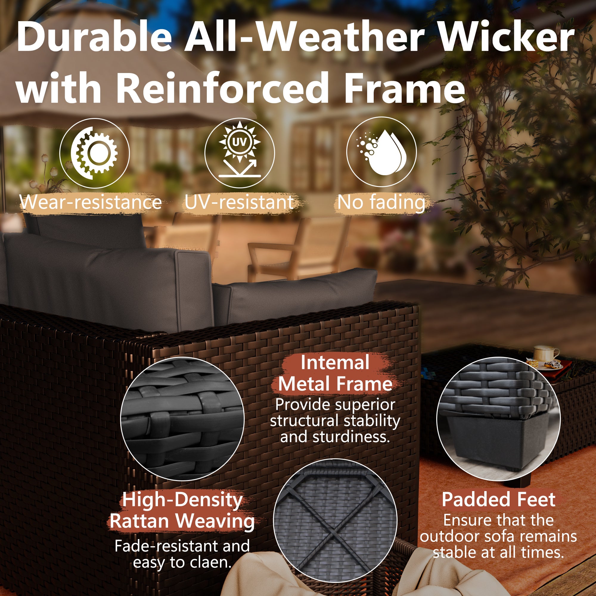 Ark Design 9-Piece Rattan Wicker Outdoor Patio Conversation SofaSeating Set with Coffee Table, Gray Cushions with Sofa Protection Cover Option