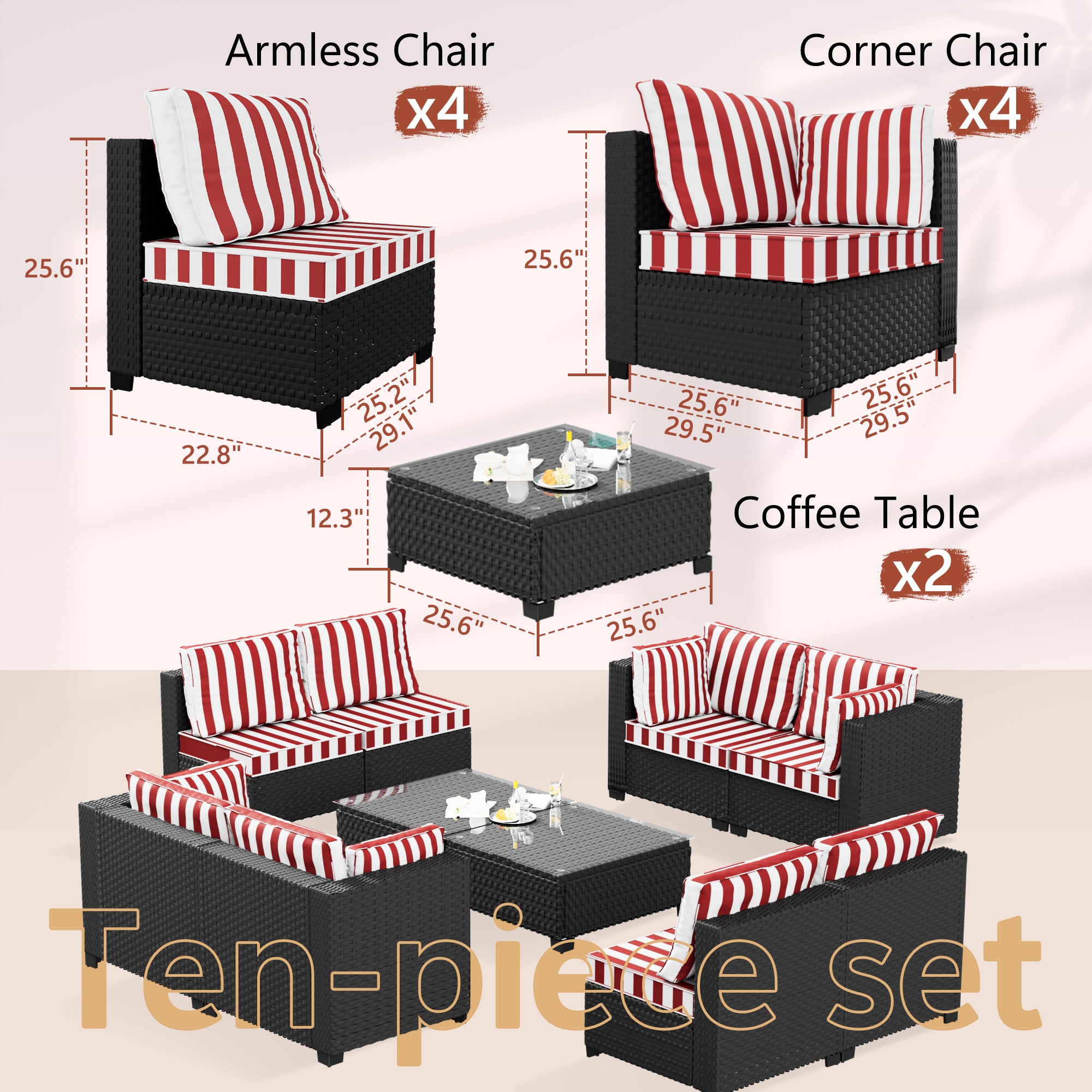 Ark Design 10-Piece Rattan Wicker Outdoor Patio Conversation SofaSeating Set with Coffee Table, Stripe Red Cushions with Sofa Protection Cover Option