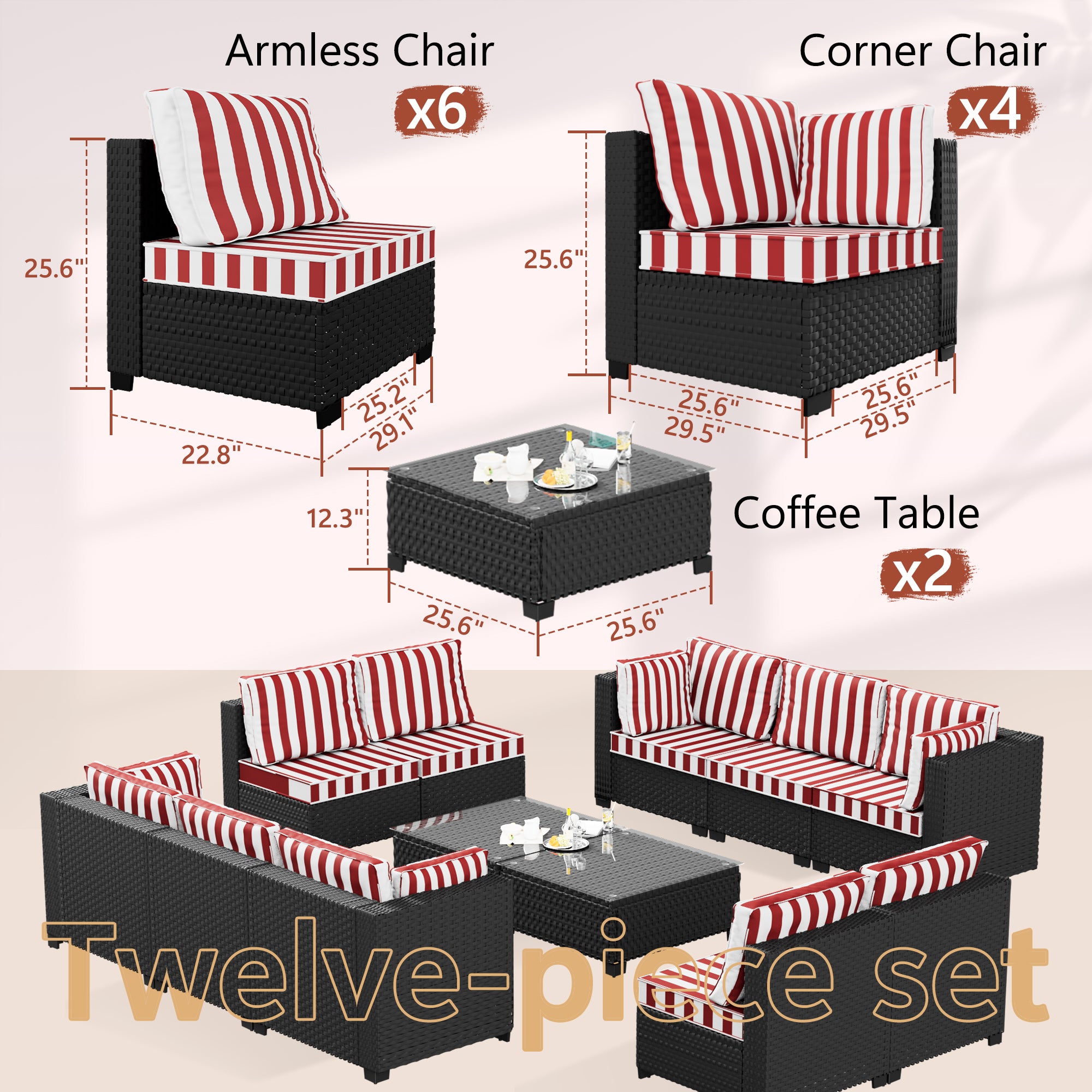 Ark Design 12-Piece Rattan Wicker Outdoor Patio Conversation SofaSeating Set with Coffee Table, Stripe Red Cushions with Sofa Protection Cover Option