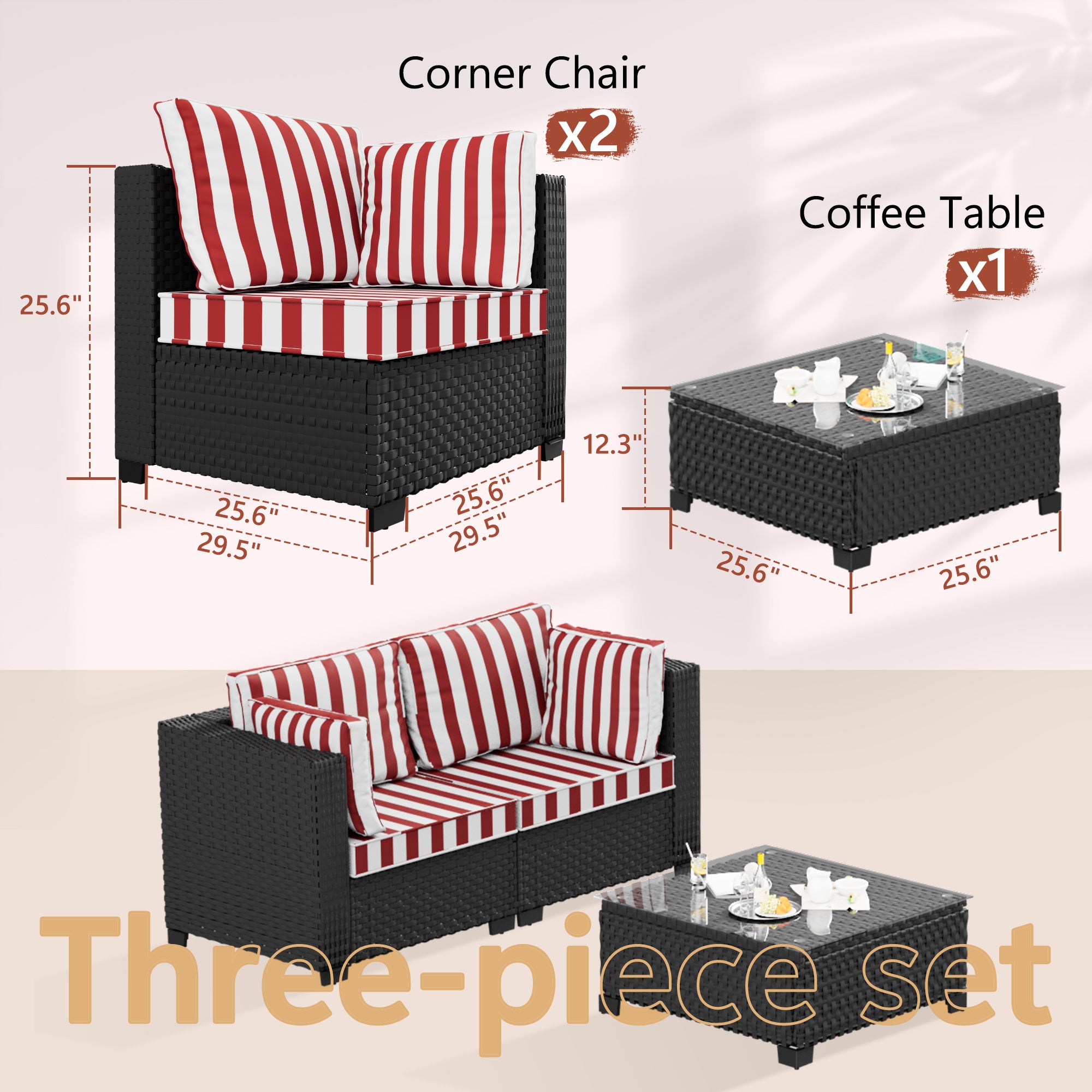 Ark Design 3-Piece Rattan Wicker Outdoor Patio Conversation SofaSeating Set with Coffee Table, Stripe Red Cushions with Sofa Protection Cover Option