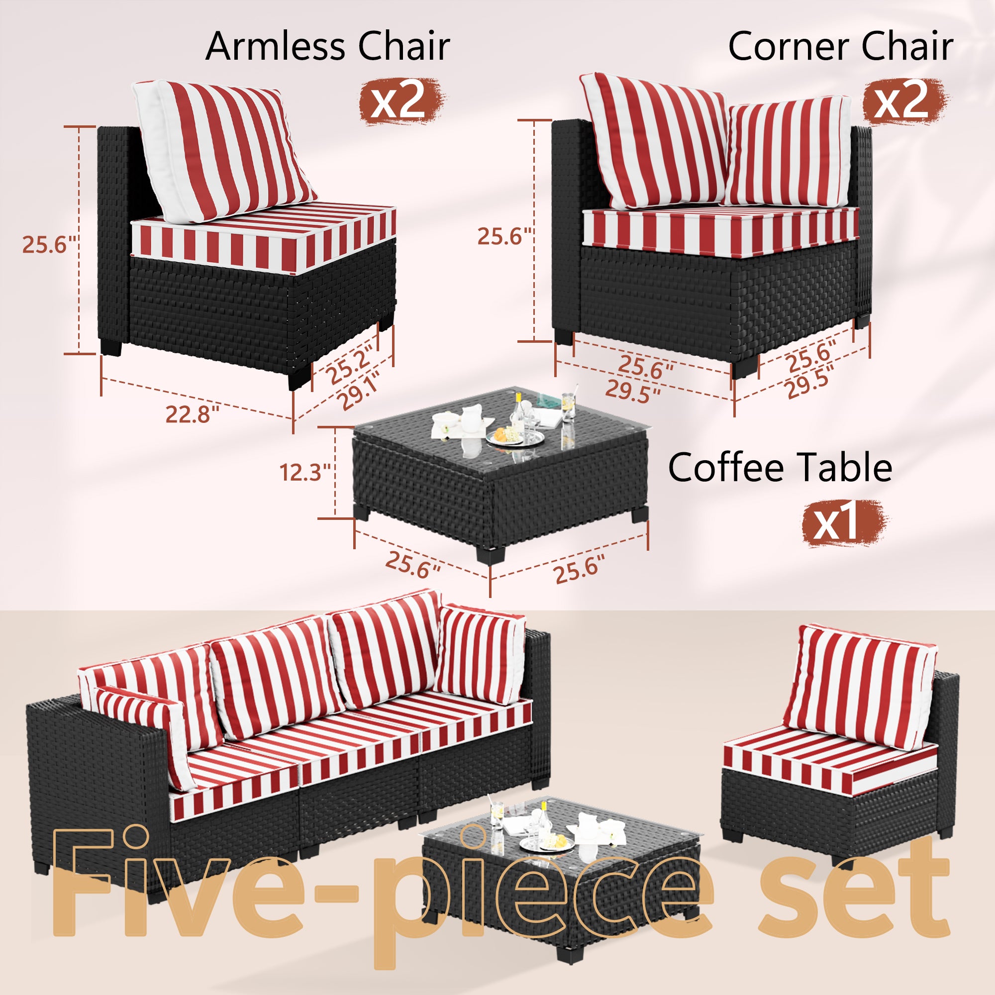 Ark Design 5-Piece Rattan Wicker Outdoor Patio Conversation SofaSeating Set with Coffee Table, Stripe Red Cushions with Sofa Protection Cover Option