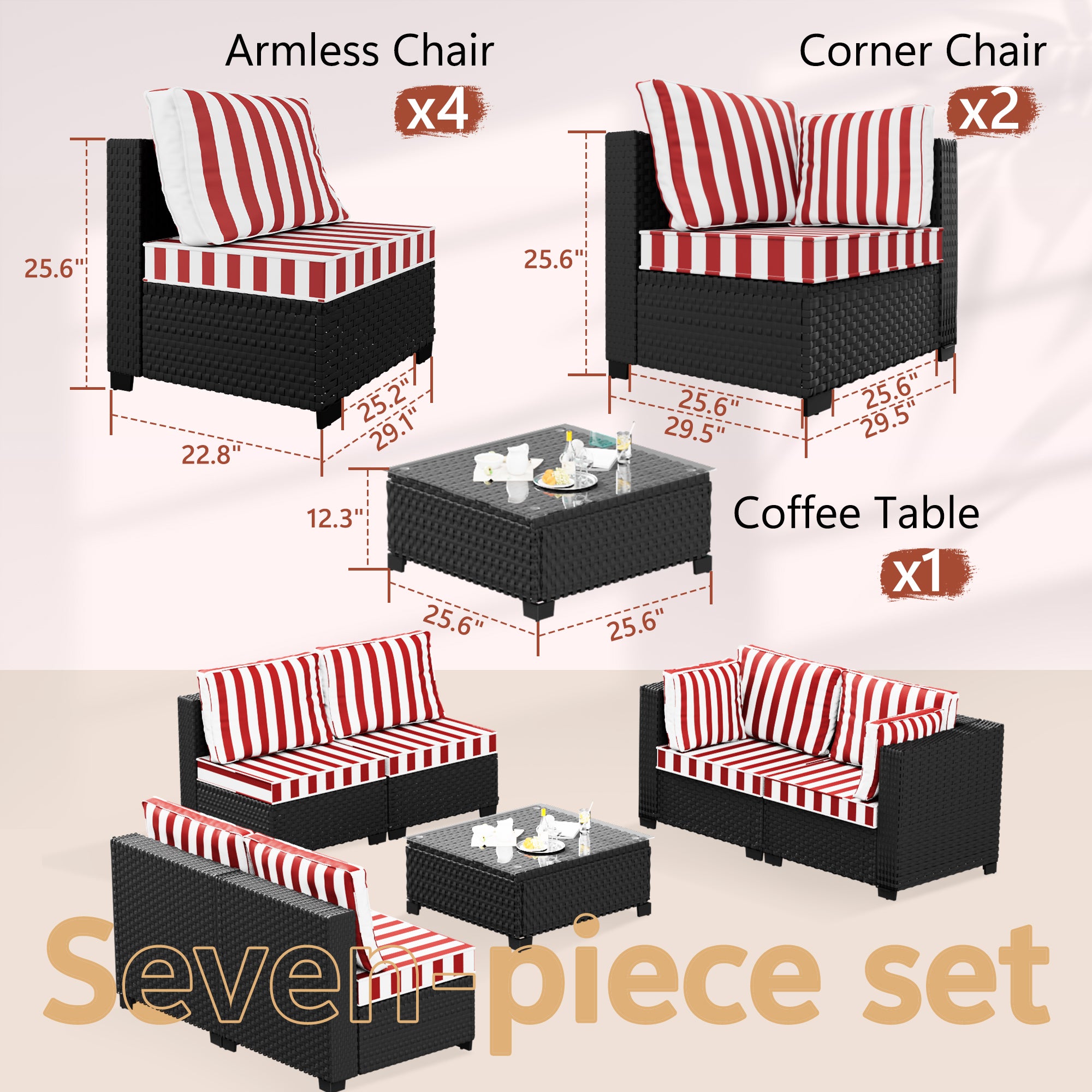 Ark Design 7-Piece Rattan Wicker Outdoor Patio Conversation SofaSeating Set with Coffee Table, Stripe Red Cushions with Sofa Protection Cover Option