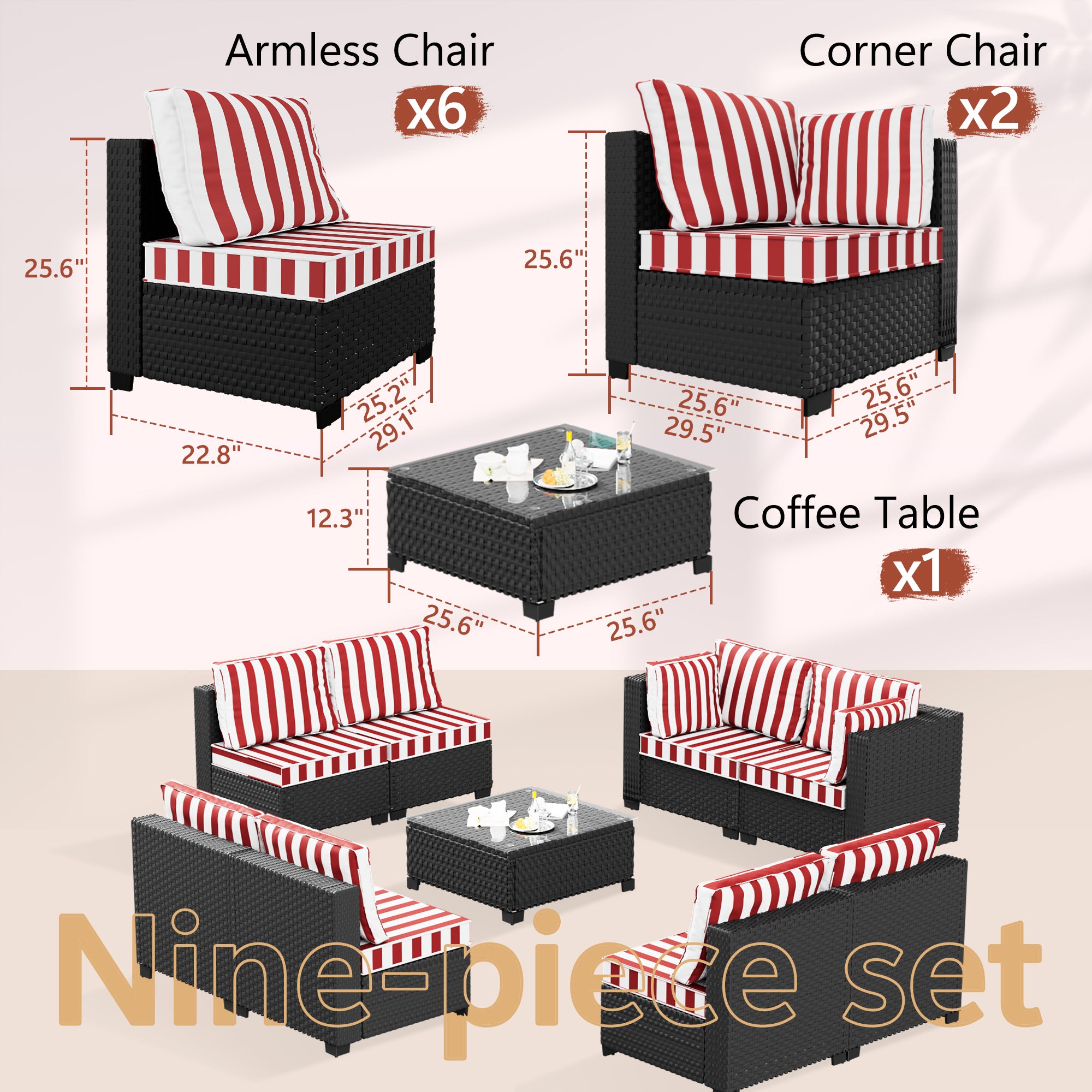 Ark Design 9-Piece Rattan Wicker Outdoor Patio Conversation SofaSeating Set with Coffee Table, Stripe Red Cushions with Sofa Protection Cover Option