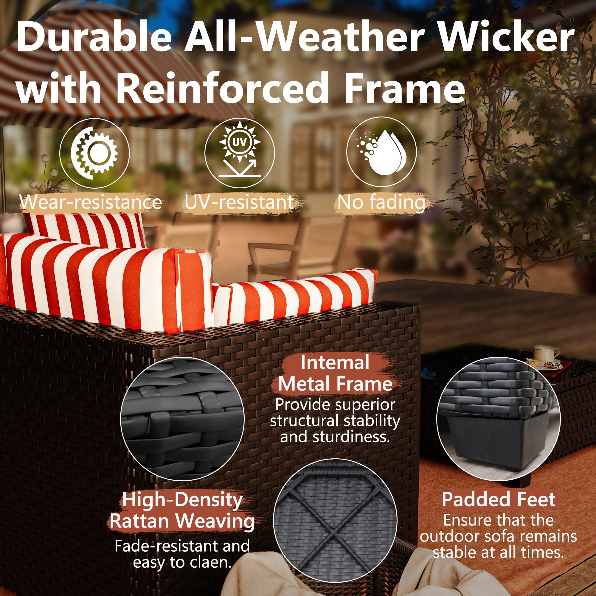 Ark Design 3-Piece Rattan Wicker Outdoor Patio Conversation SofaSeating Set with Coffee Table, Stripe Red Cushions with Sofa Protection Cover Option