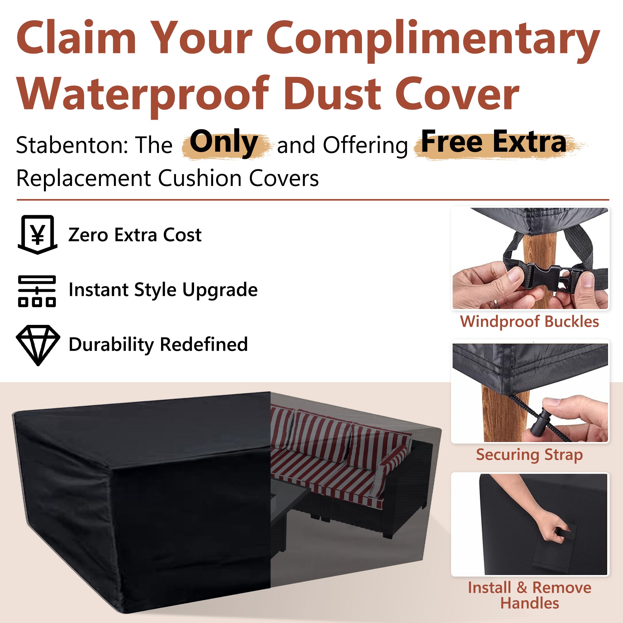 Ark Design 3-Piece Rattan Wicker Outdoor Patio Conversation SofaSeating Set with Coffee Table, Stripe Red Cushions with Sofa Protection Cover Option