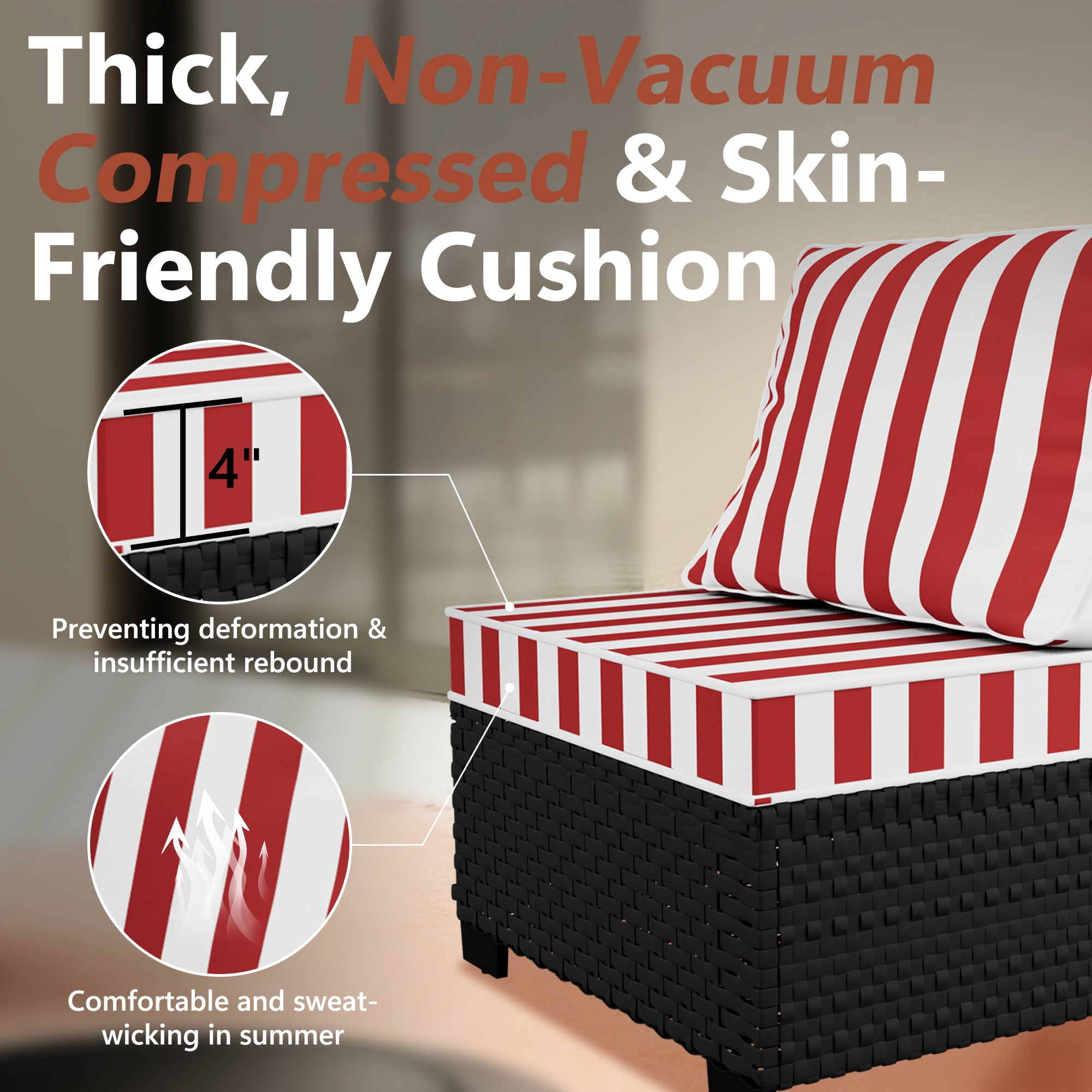 Ark Design 3-Piece Rattan Wicker Outdoor Patio Conversation SofaSeating Set with Coffee Table, Stripe Red Cushions with Sofa Protection Cover Option