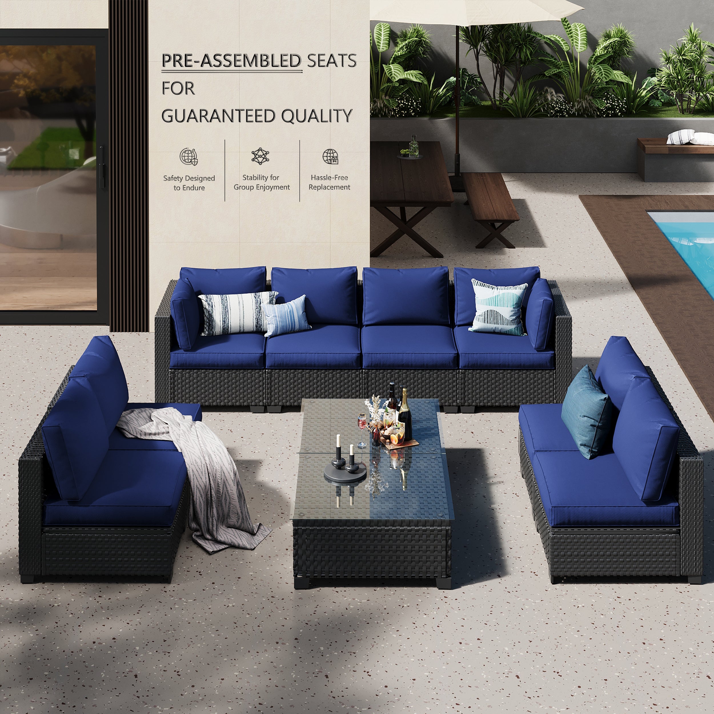 Ark Design 10-Piece Black Wicker Outdoor Patio Conversation Sectional Seating Set with Coffee Tables, Navy Blue Cushions with Sofa Protection Cover Option