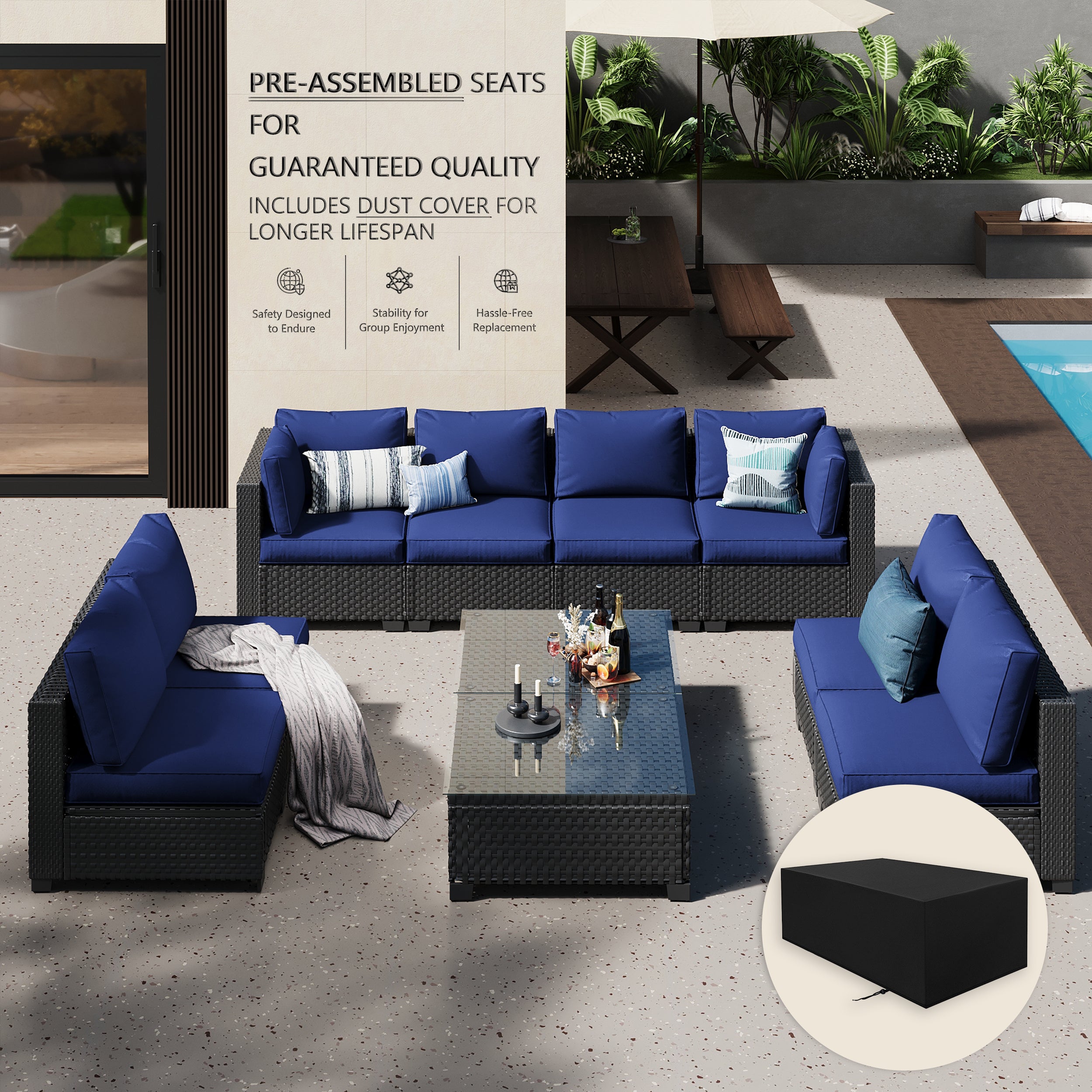 Ark Design 10-Piece Black Wicker Outdoor Patio Conversation Sectional Seating Set with Coffee Tables, Navy Blue Cushions with Sofa Protection Cover Option